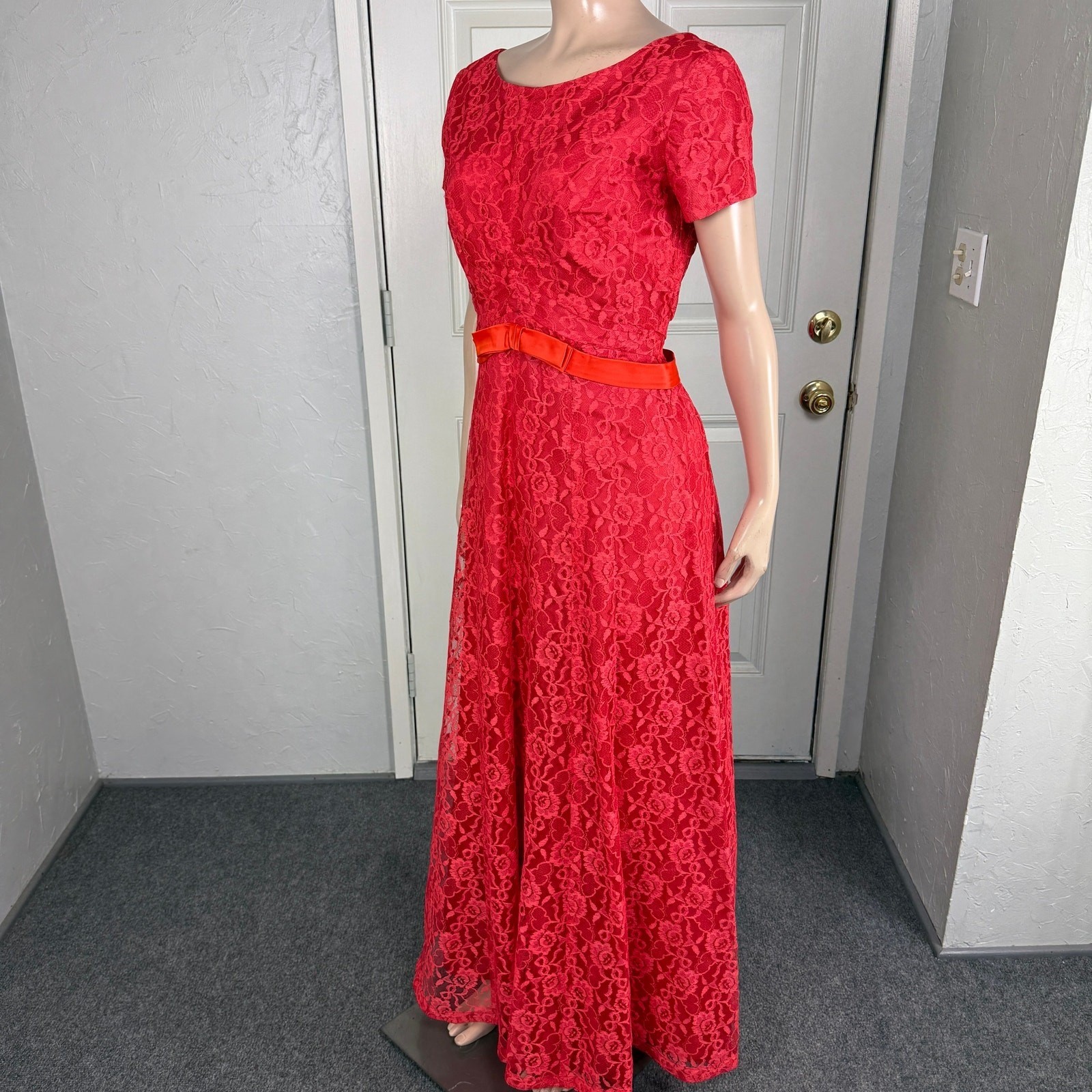 Vintage 70s 80s Party Dress Formal Lace Maxi Evening Taffeta Long W24