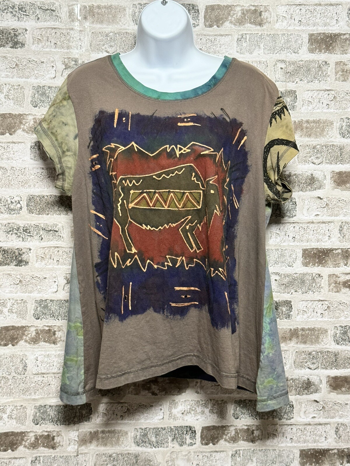 vtg Artwear womens Top one sz Hand Painted buffalo Folk art tie dye shirt