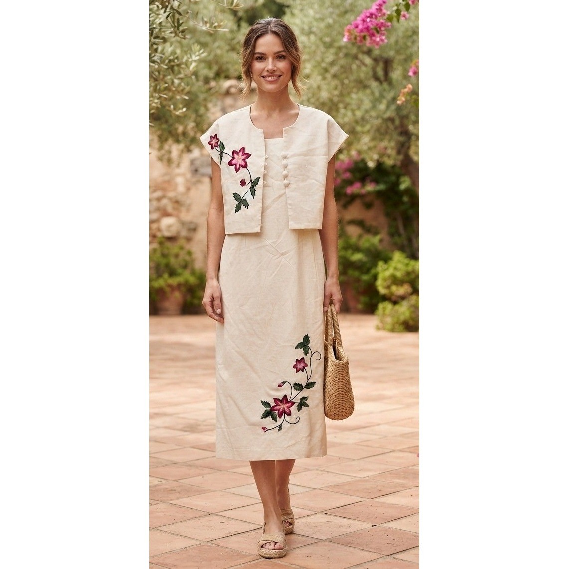 Virgo II Vintage 2pc Linen Blend Floral Embroidered Dress & Jacket Set Size 8