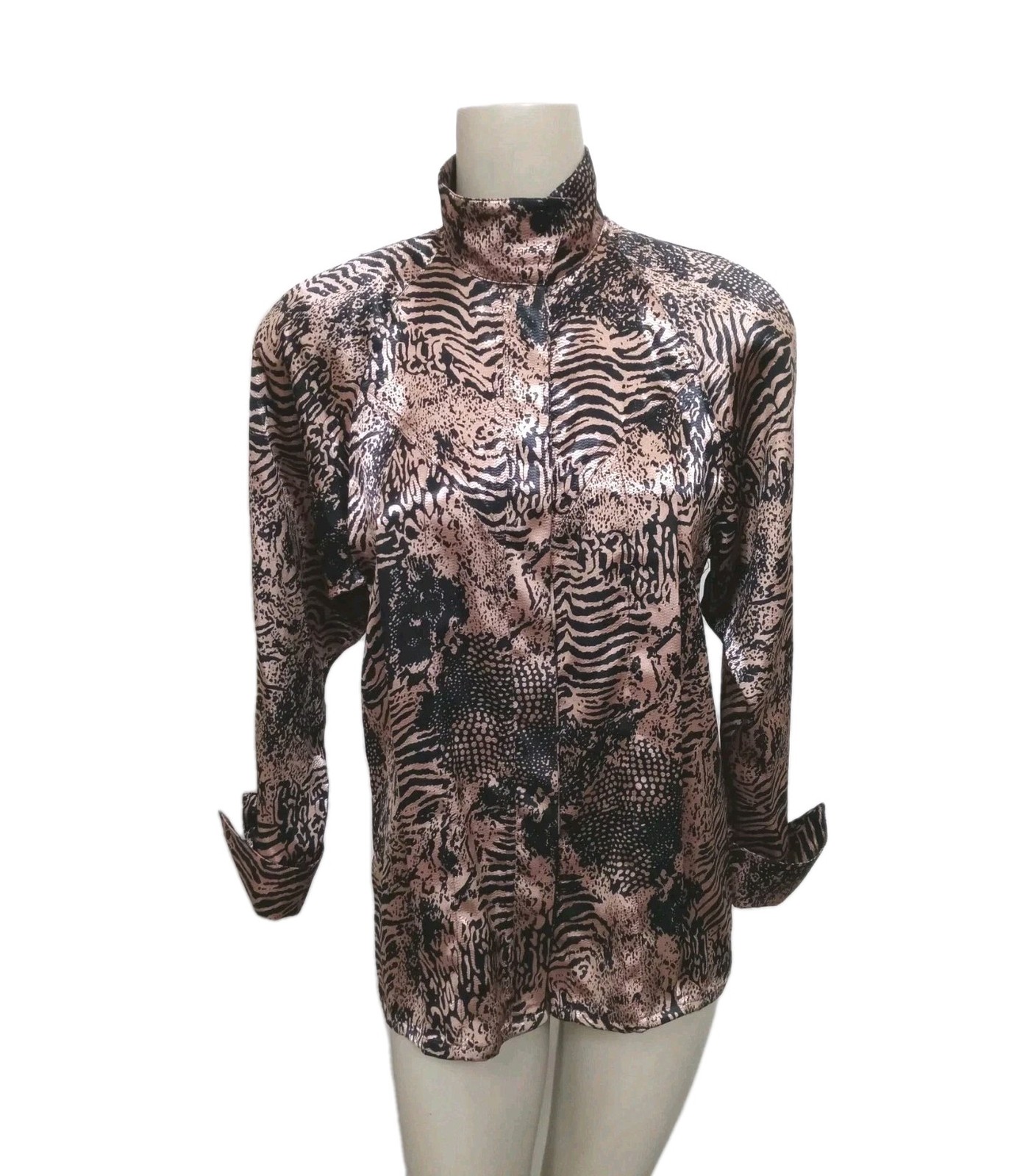 VTG Women S Shirt High Reg Collar Black Gold Animal Print Karen by Anette & Mika