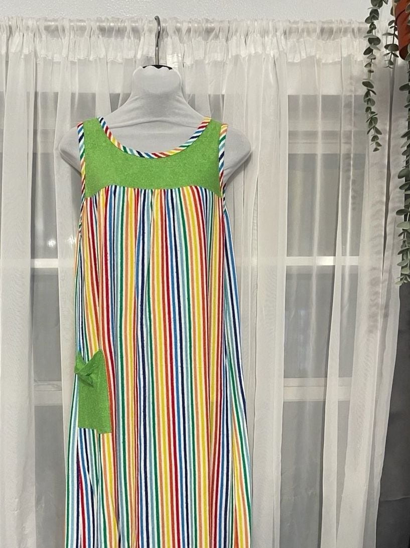 Vintage 1970s Rainbow Striped Terry Cloth Cover-up Dress House Dress