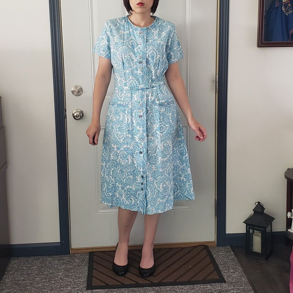 60s Deadstock Blue and White Rayon and Cotton Day Dress