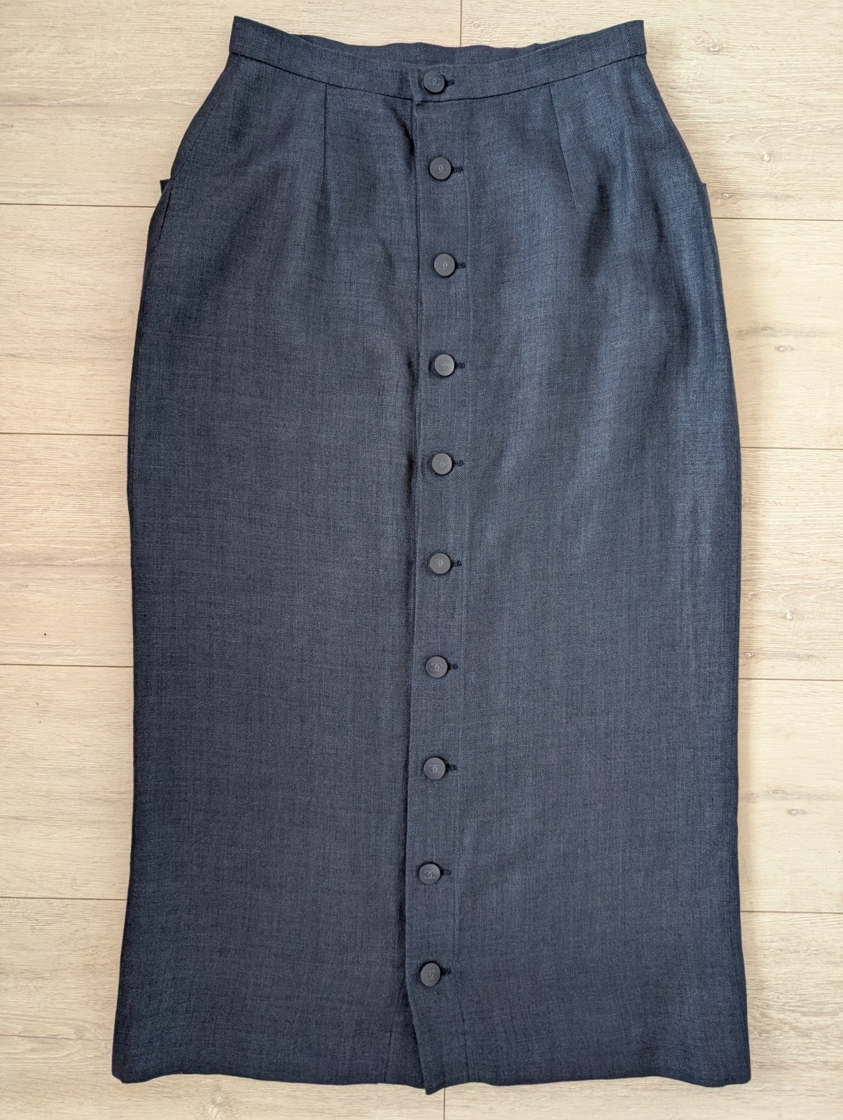 Chanel CC Button Front 98C Linen Wool Navy Blue Straight Pencil Midi Skirt 42 S
