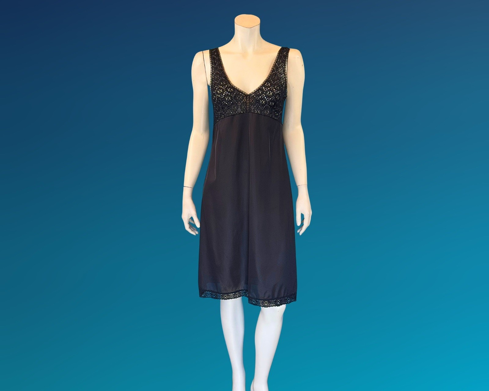 Vintage 60s 70s Black Lace Nylon Full Slip Dress | S M