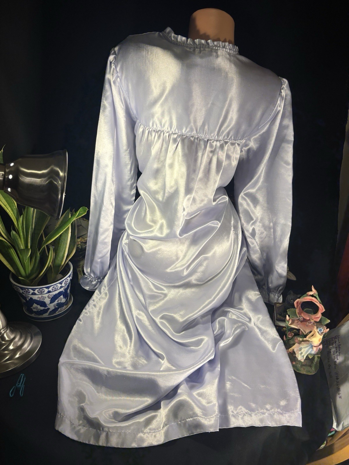 Vtg Satin Soft Lilac Quilted Long White Lace Pearl Frilly Nightie Nightgown XL