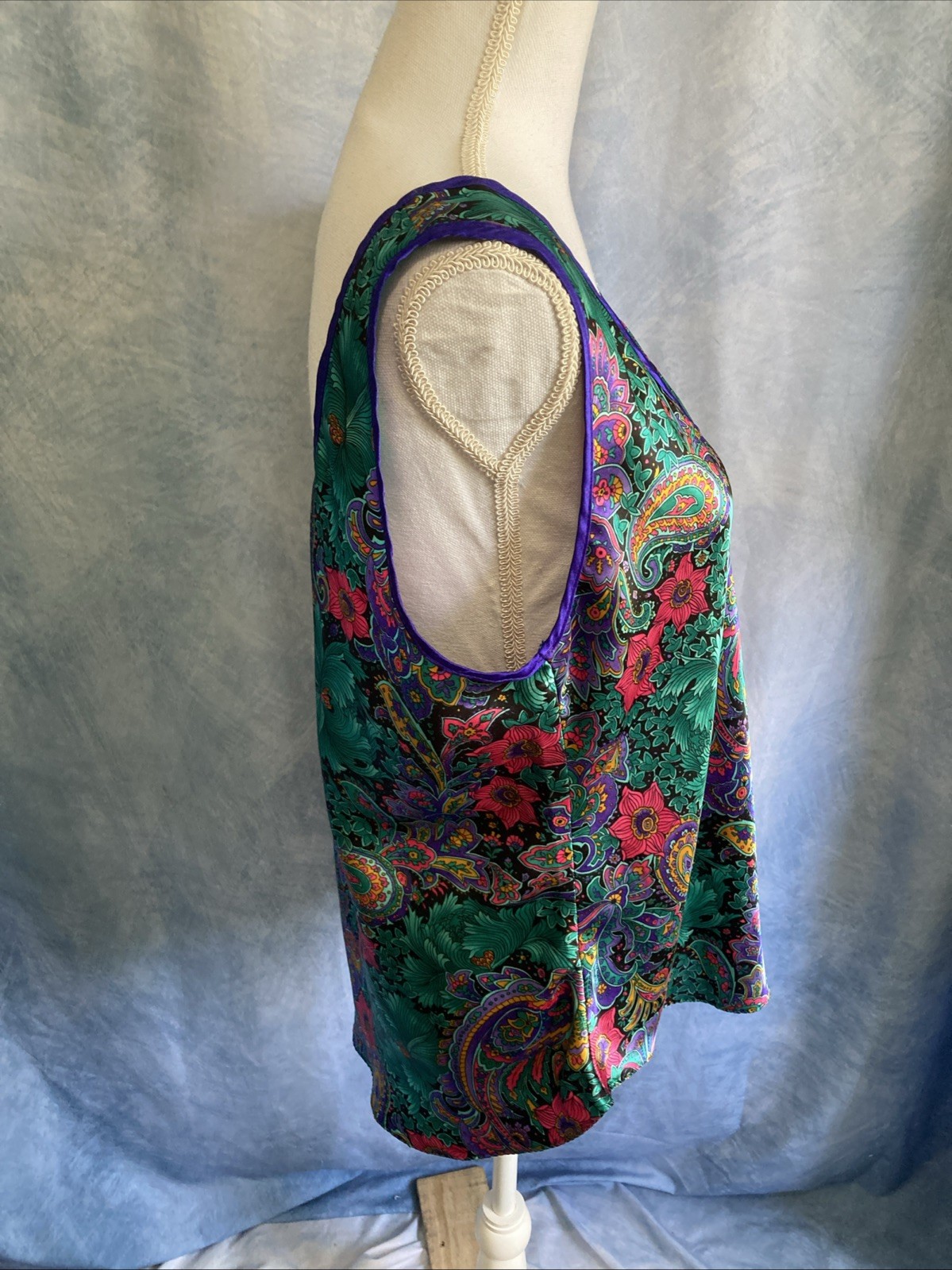 Vtg 80s California Dynasty Satin Cami Tank Top Plus 1X Jewel Tone Paisley Floral