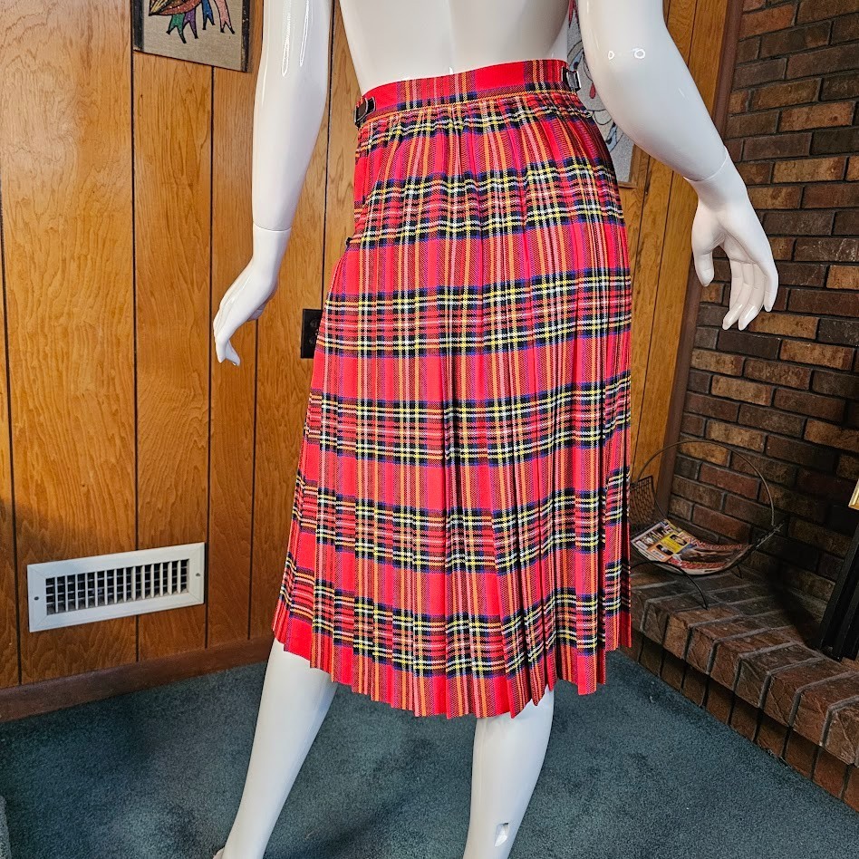 Vtg 80s British Punk Tartan Plaid Accordion Pleated Wool Buckle Wrap Skirt XS/S