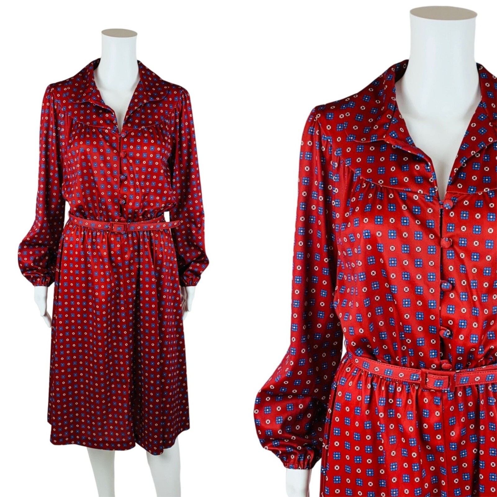 Vintage 1970s Belted Dress Red Blue Patterned Fit & Flare | W 28-40″