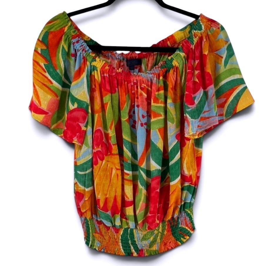 Rachel Roy Tropical Off Shoulder Smocked Blouse L Farm Rio Vibes Boho Y2K EUC