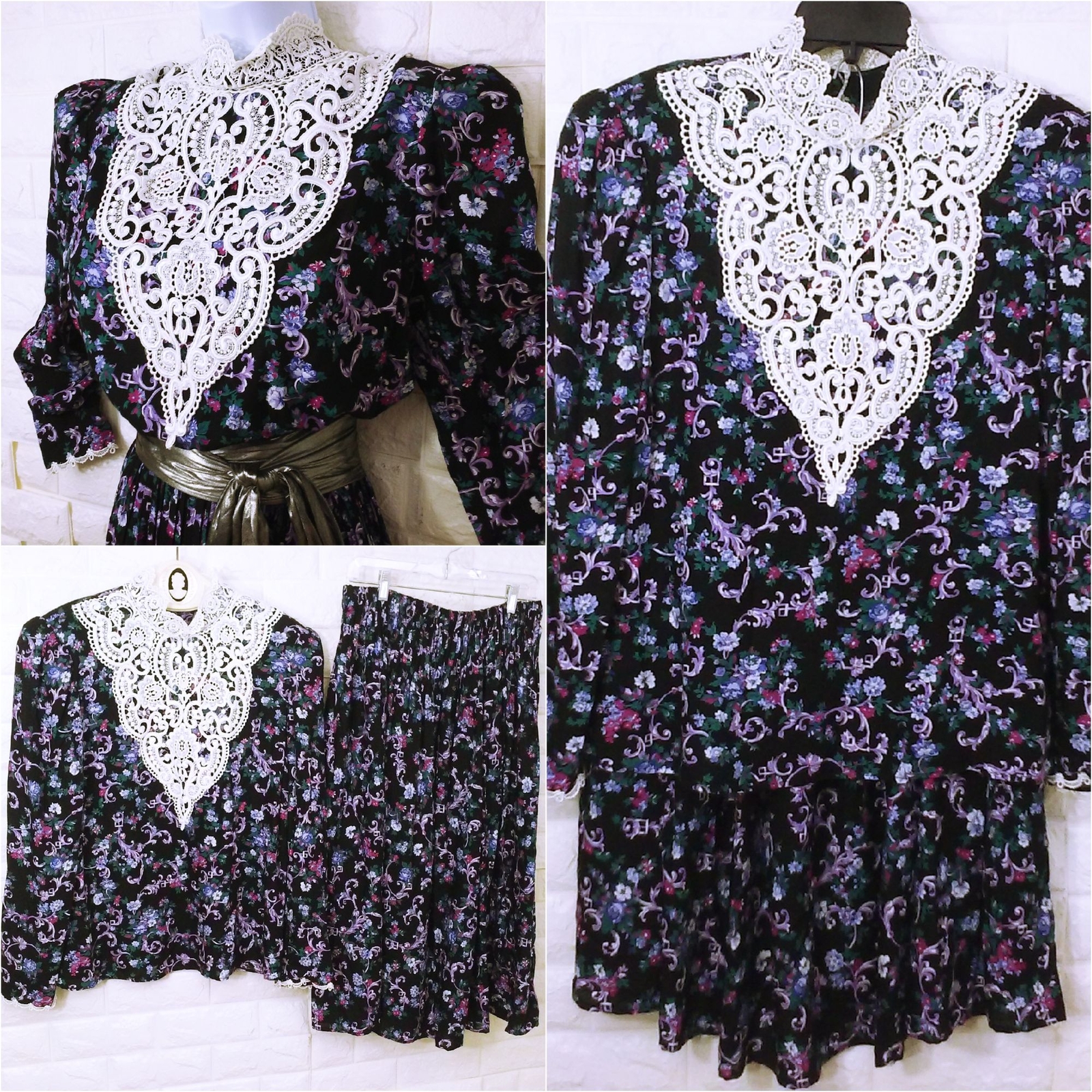 Vintage ’87 Scott McClintock 2-pc Set Victorian Lace Blouse Skirt Dark Floral