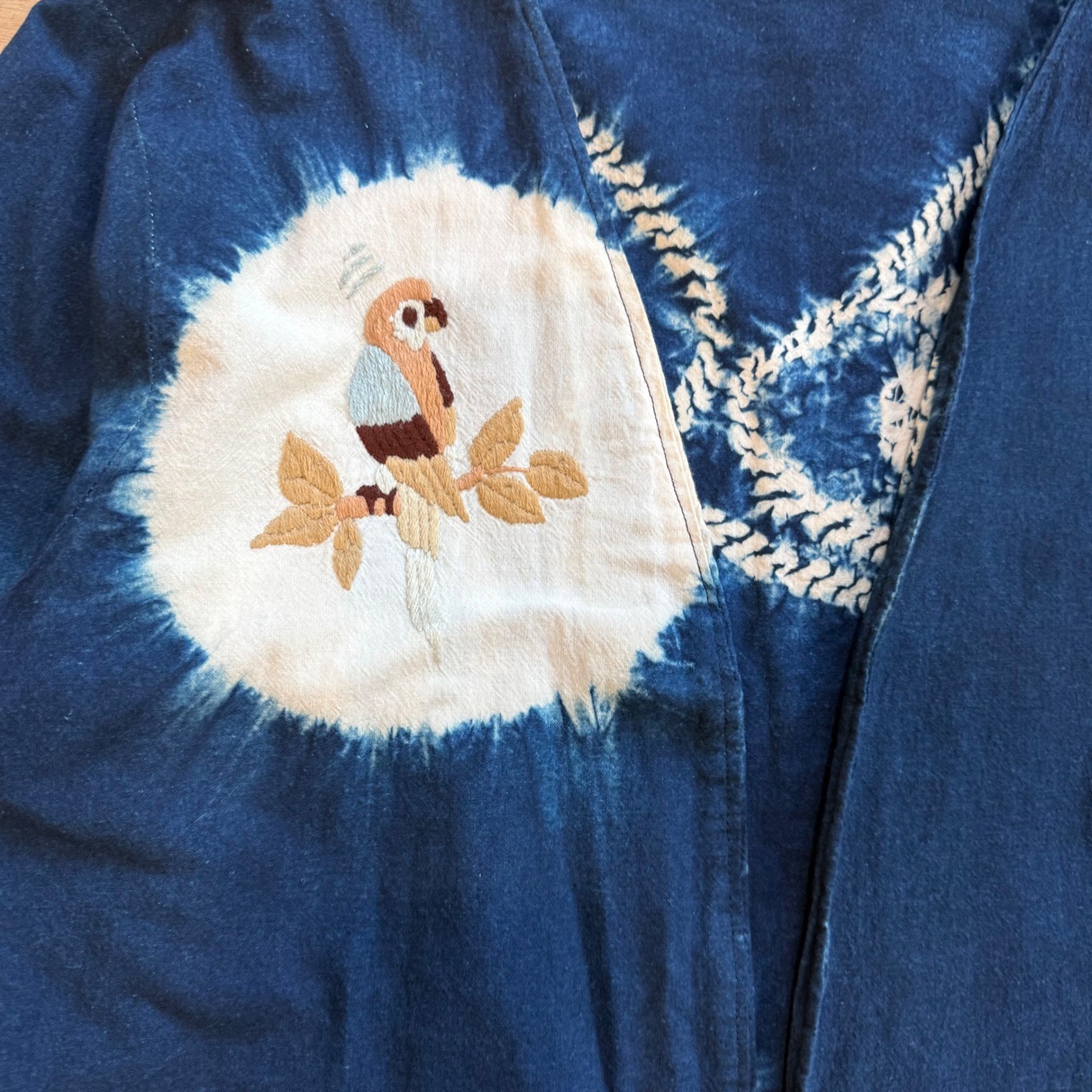 Vintage Indigo Dyed Reversible Jacket Bird Embroidery Tie Dye Blue Boho