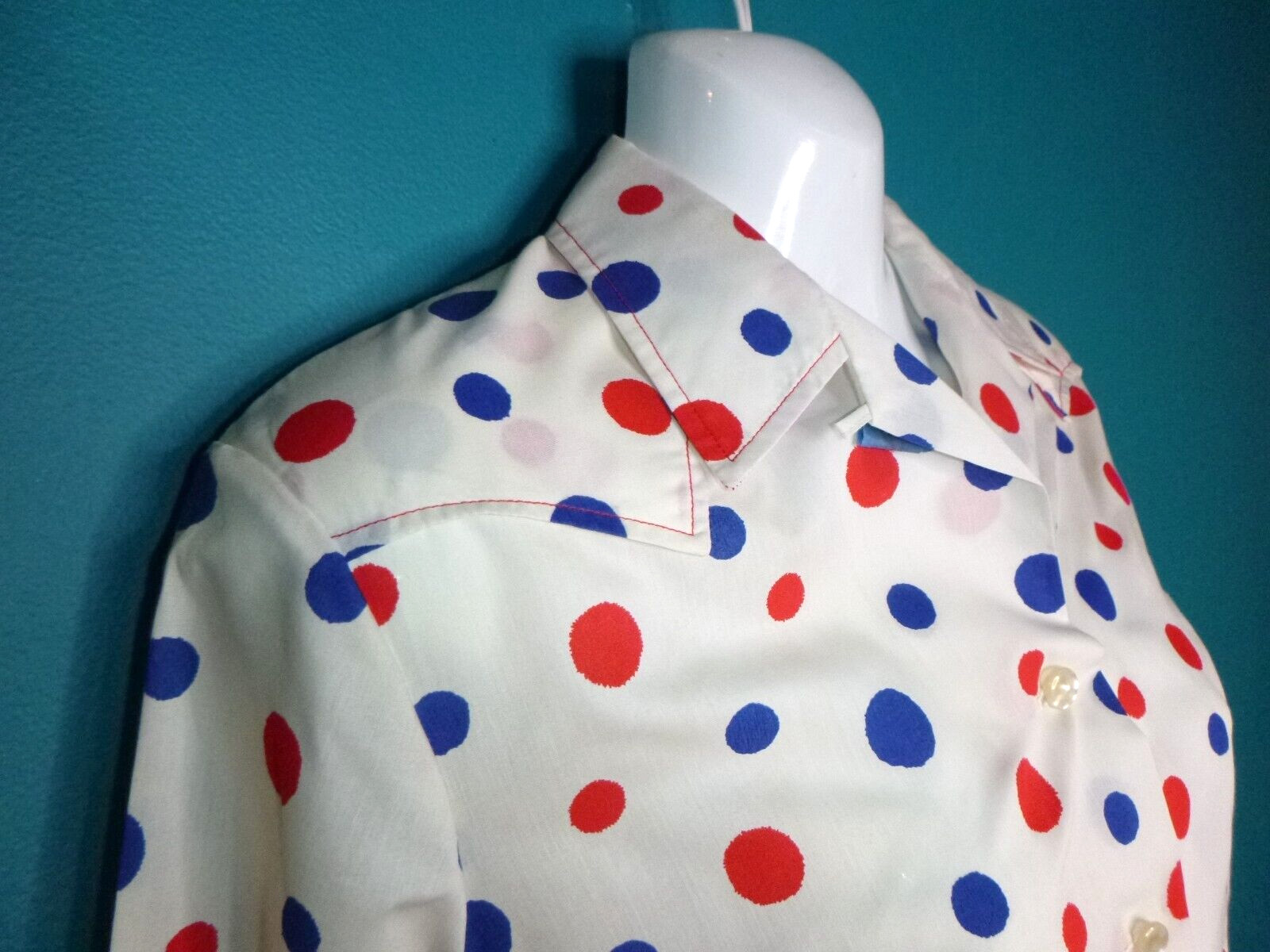 Vtg 70s Lasso Western Wear Button Front Shirt White W/ Blue Red Polka Dots Sz M
