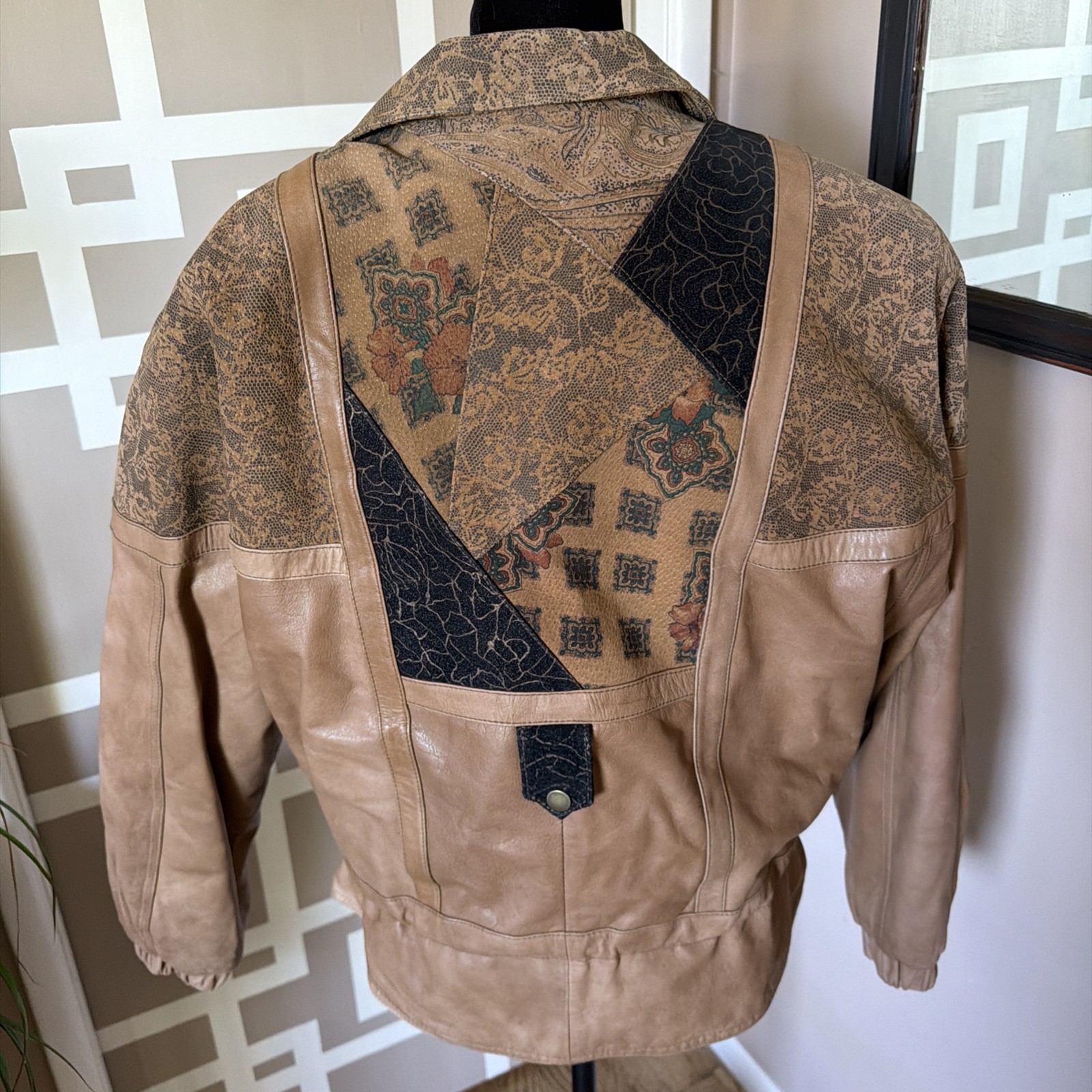 Vtg Jay Jacobs Leather Bomber Jacket 1980s, Patchwork Printed Sz M UNIQUE & COOL