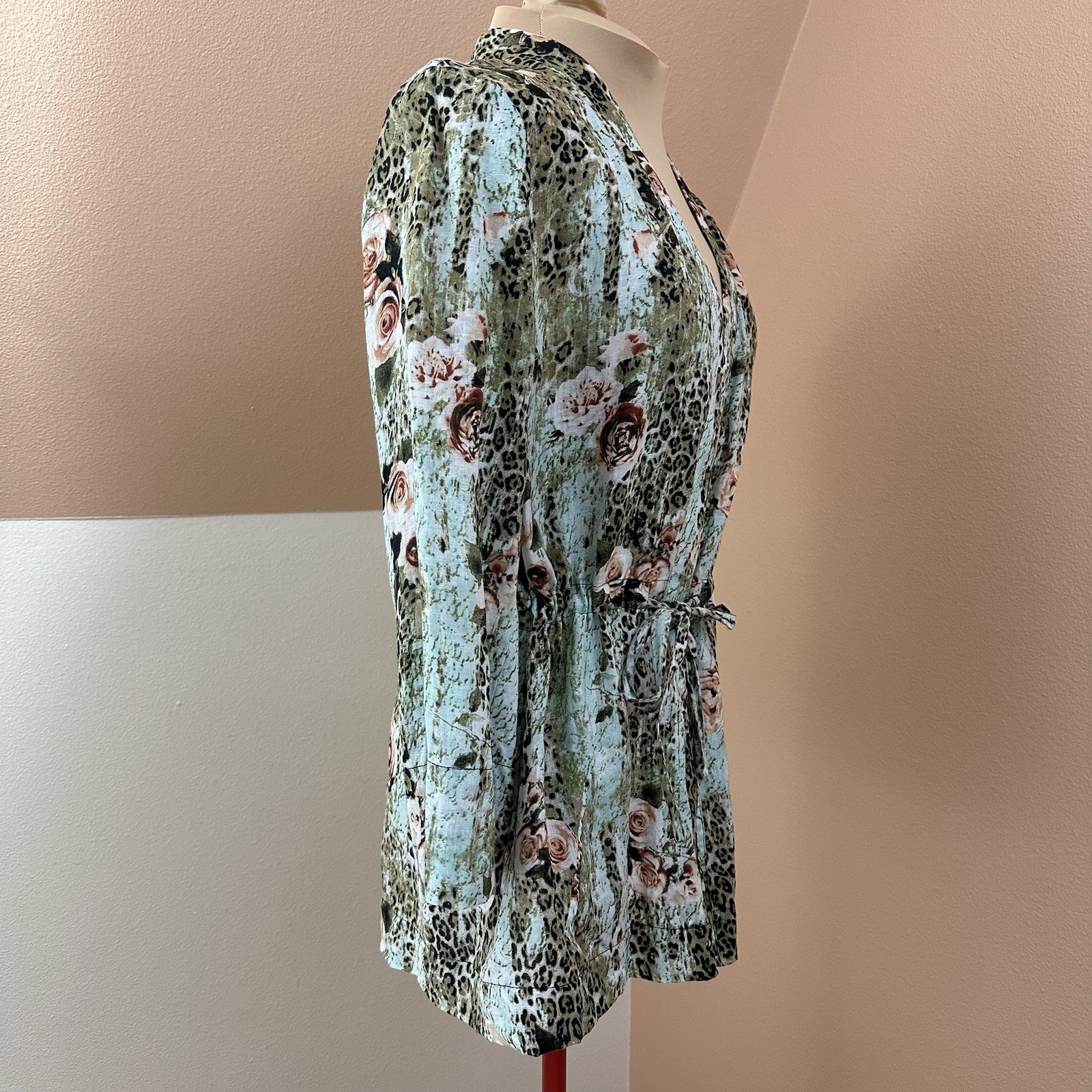 VTG Alberto Makali Linen Jacket XL Art To Wear Leopard Floral Belted Made in USA