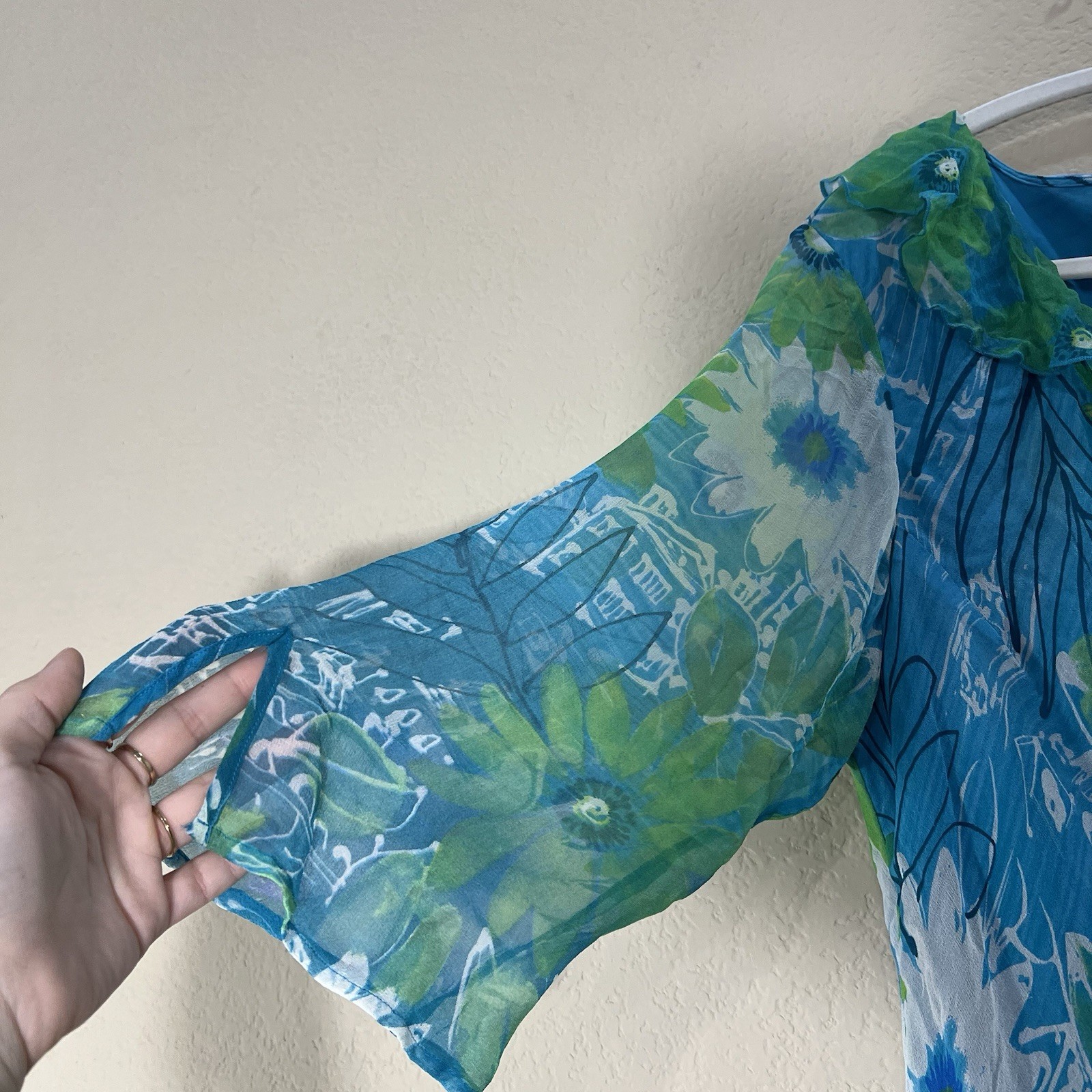 NEW YORK CITY DESIGN CO VTG SZ XL 100% SILk TOP PULLOVER MULTI BLUE RUFFLE BOHO