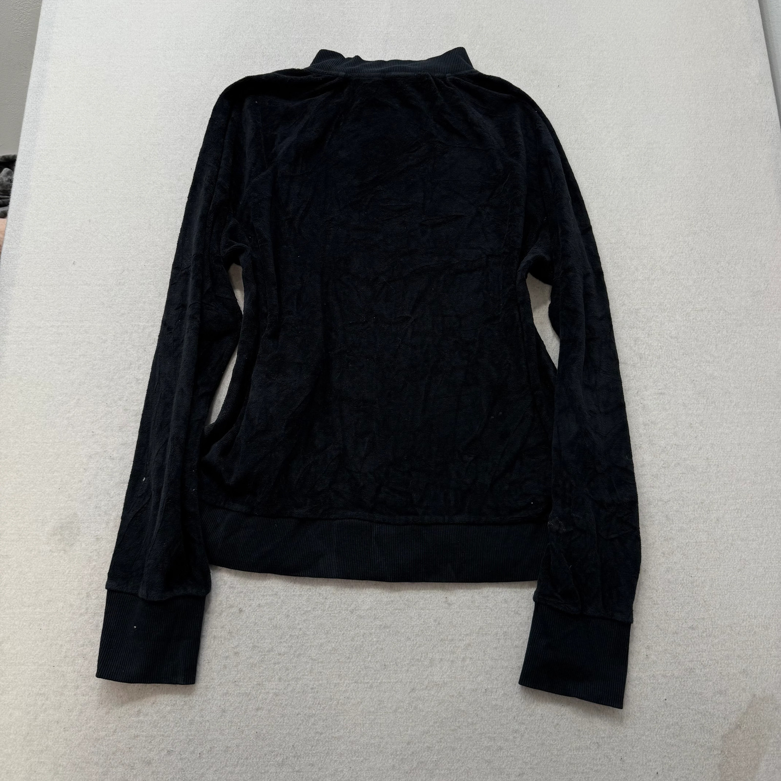 Bebe Women’s Black Velour Full Zip Track Jacket Mock Neck Pockets Logo Size L