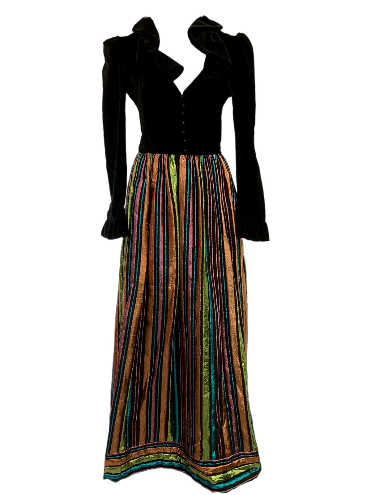 Vtg Vintage 1970s 70s Designer Travilla Velvet & Lamé Striped Party Maxi Dress