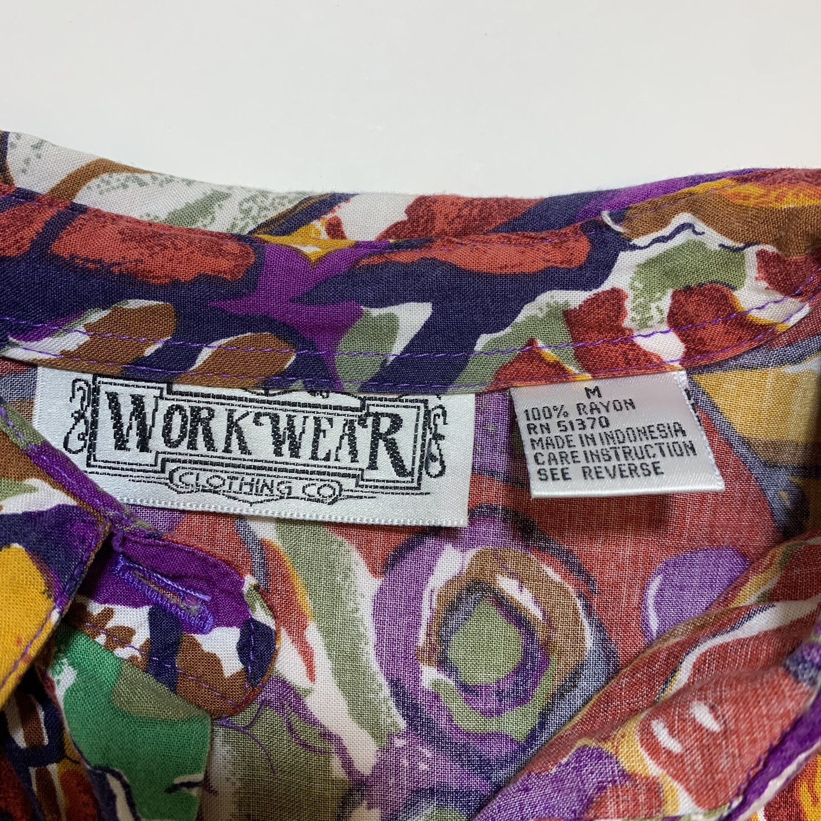 Vintage 90s Work Wear Clothing Co Abstract Art Print Rayon Shirt Blouse Small