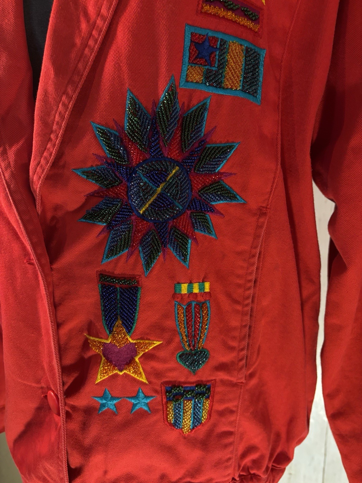 Vtg 90s Jacket Embroidered Heavily Beaded Military Style Medals SZ 6 Maximalist