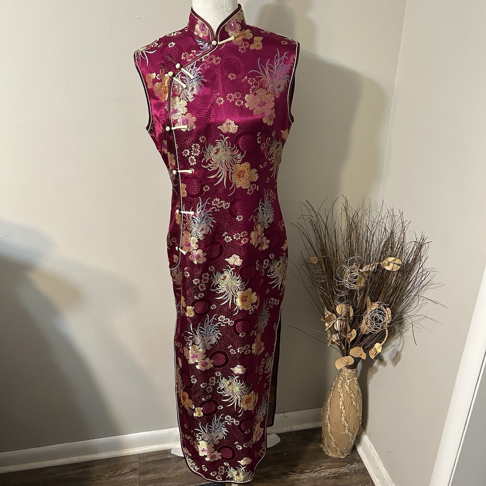 Vtg YHSK Yue He Shi Lu Women Chinese Mandarin Collar Dress Floral Fuchsia Sz L