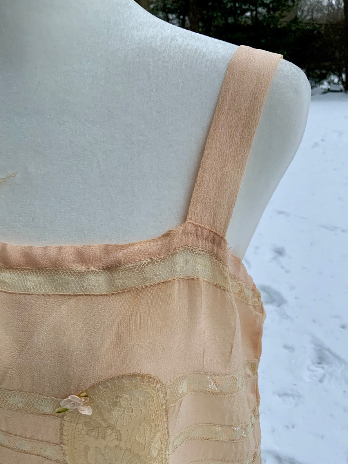 Circa 1912–1918 Blush Pink Silk Chiffon Teddy with Antique Lace – Edwardian Silk