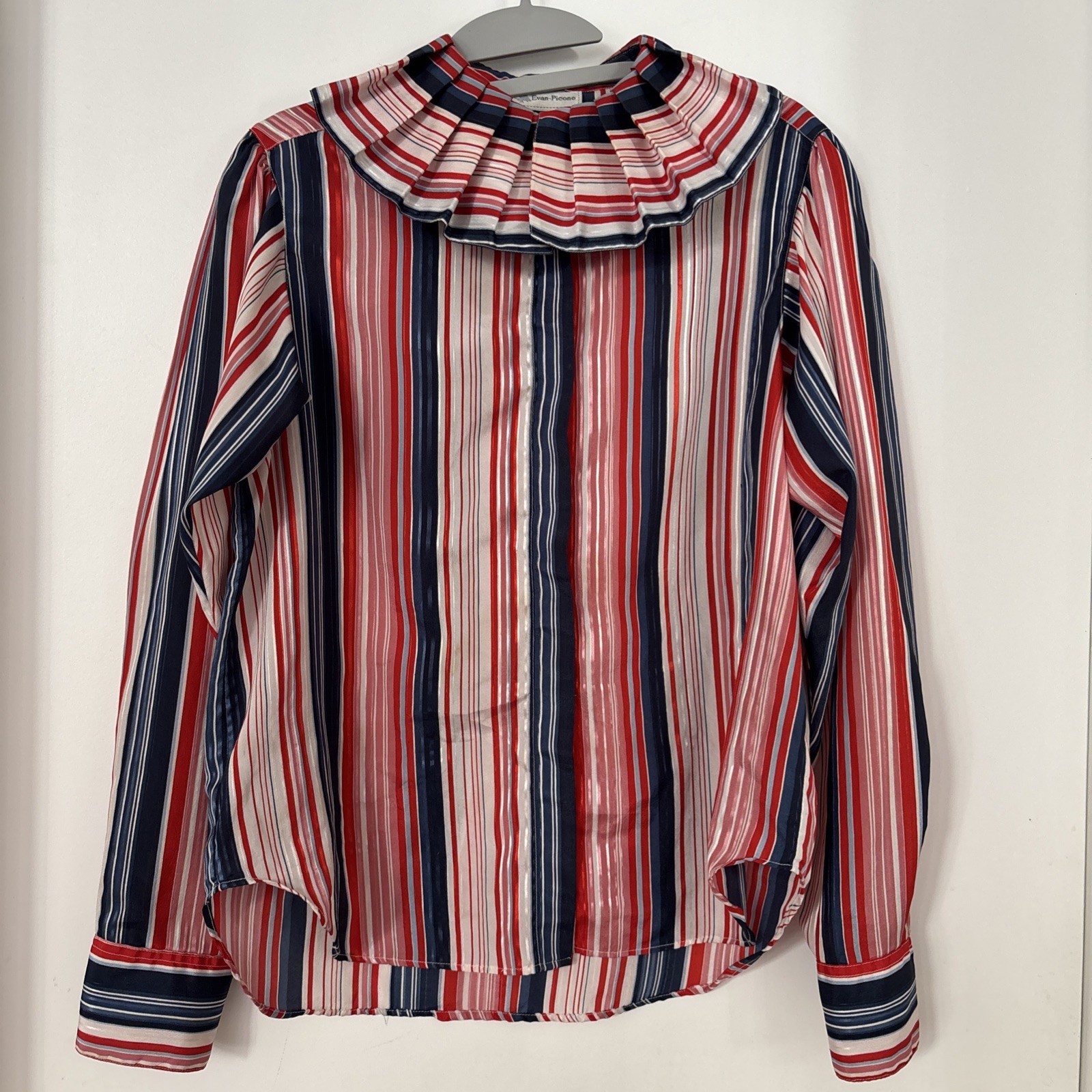 Vintage 80s Evan Picone Ladies Ruffle Collar Striped Blouse SMALL
