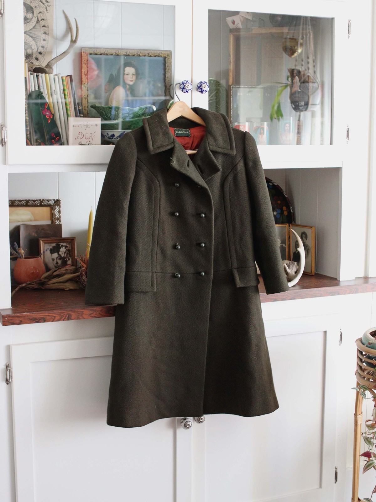 Vintage 1960s The Halle Bros Co deep olive green wool princess Peacoat 60s