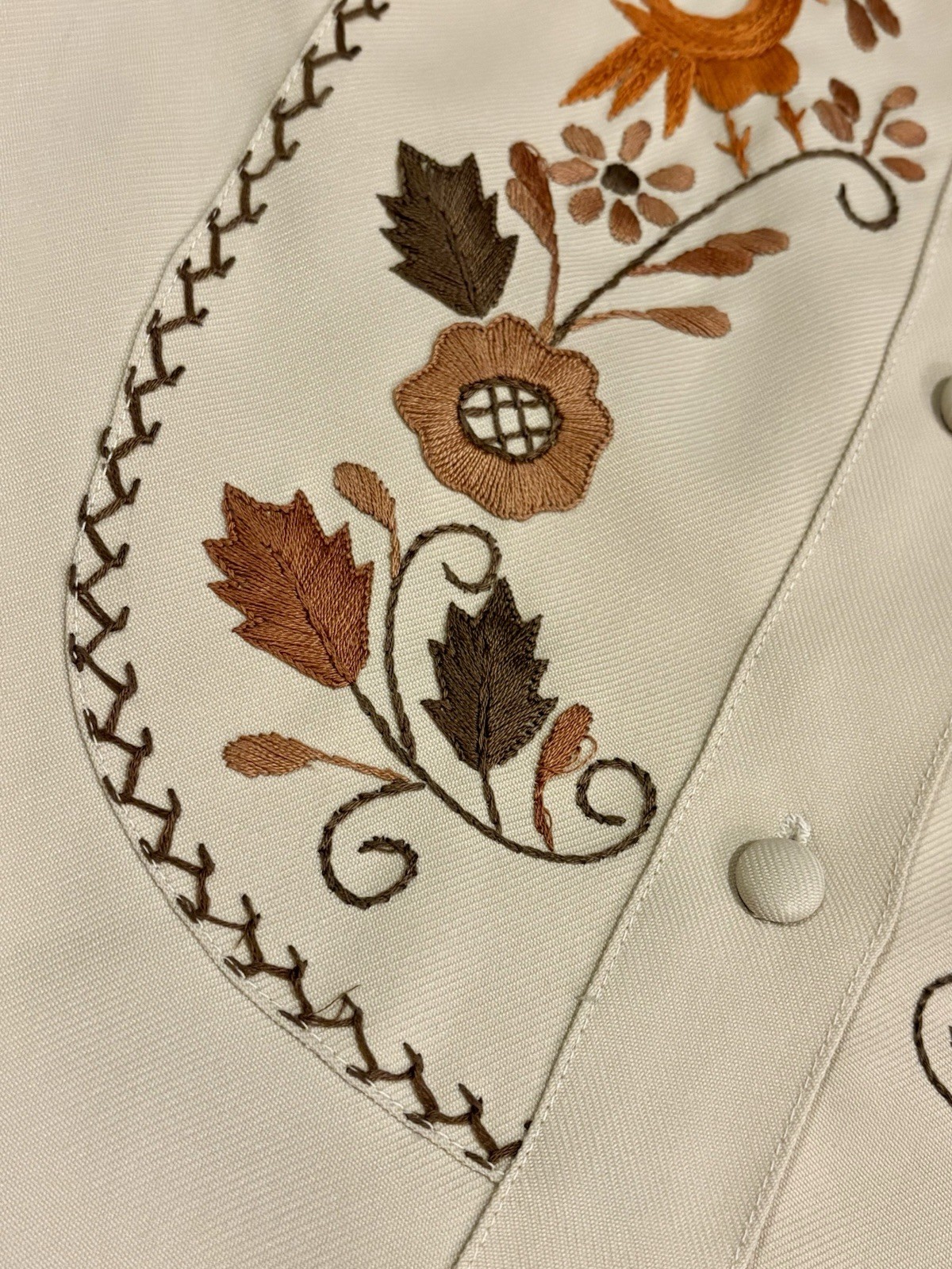Vintage 60s 70s Embroidered Peasant Folk Shirt Top Bohemian Handmade Tan Button