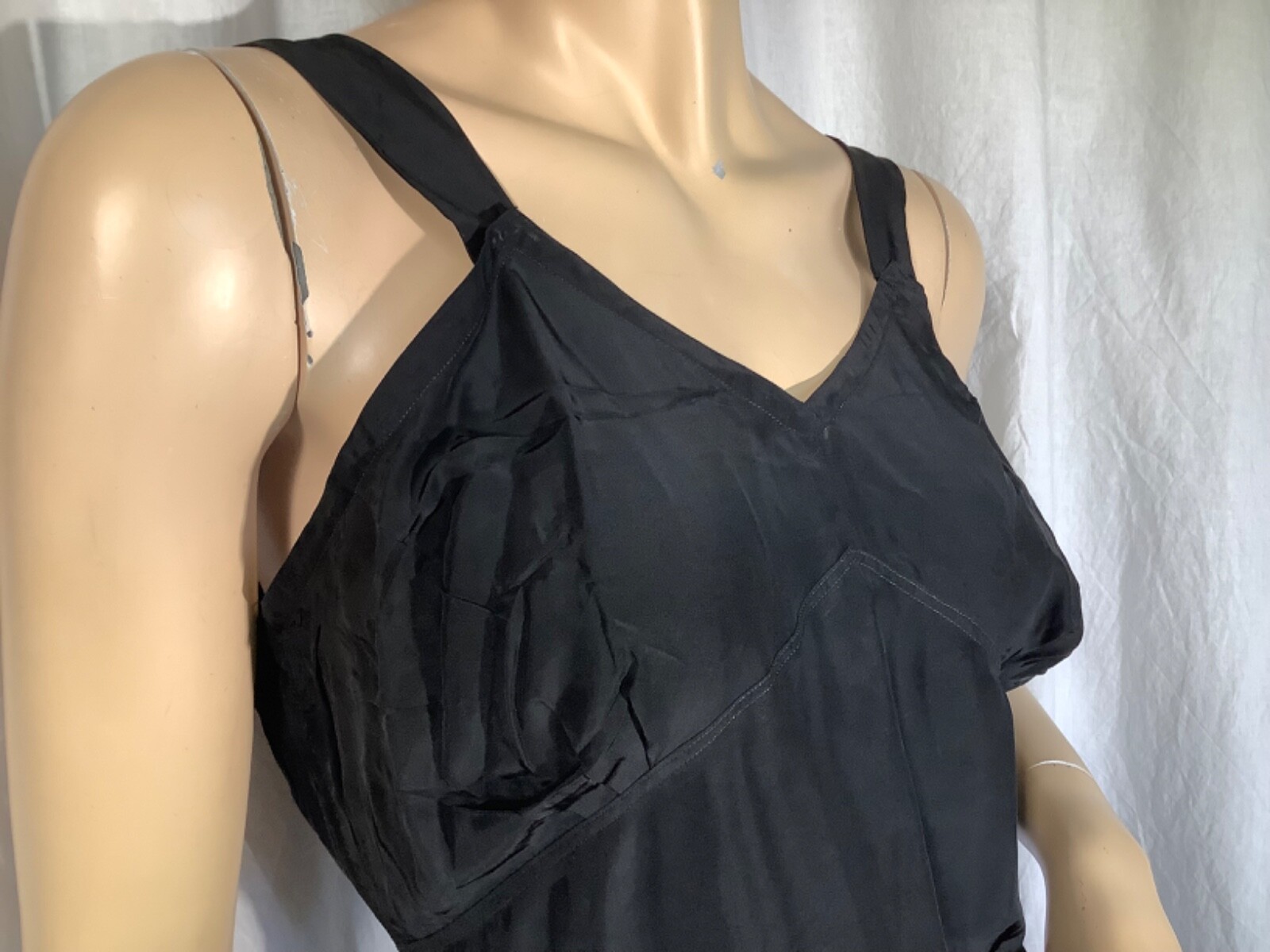 Vintage cold rayon Full Slip nightgown Chemise black M midi WWII slit Lace 40s