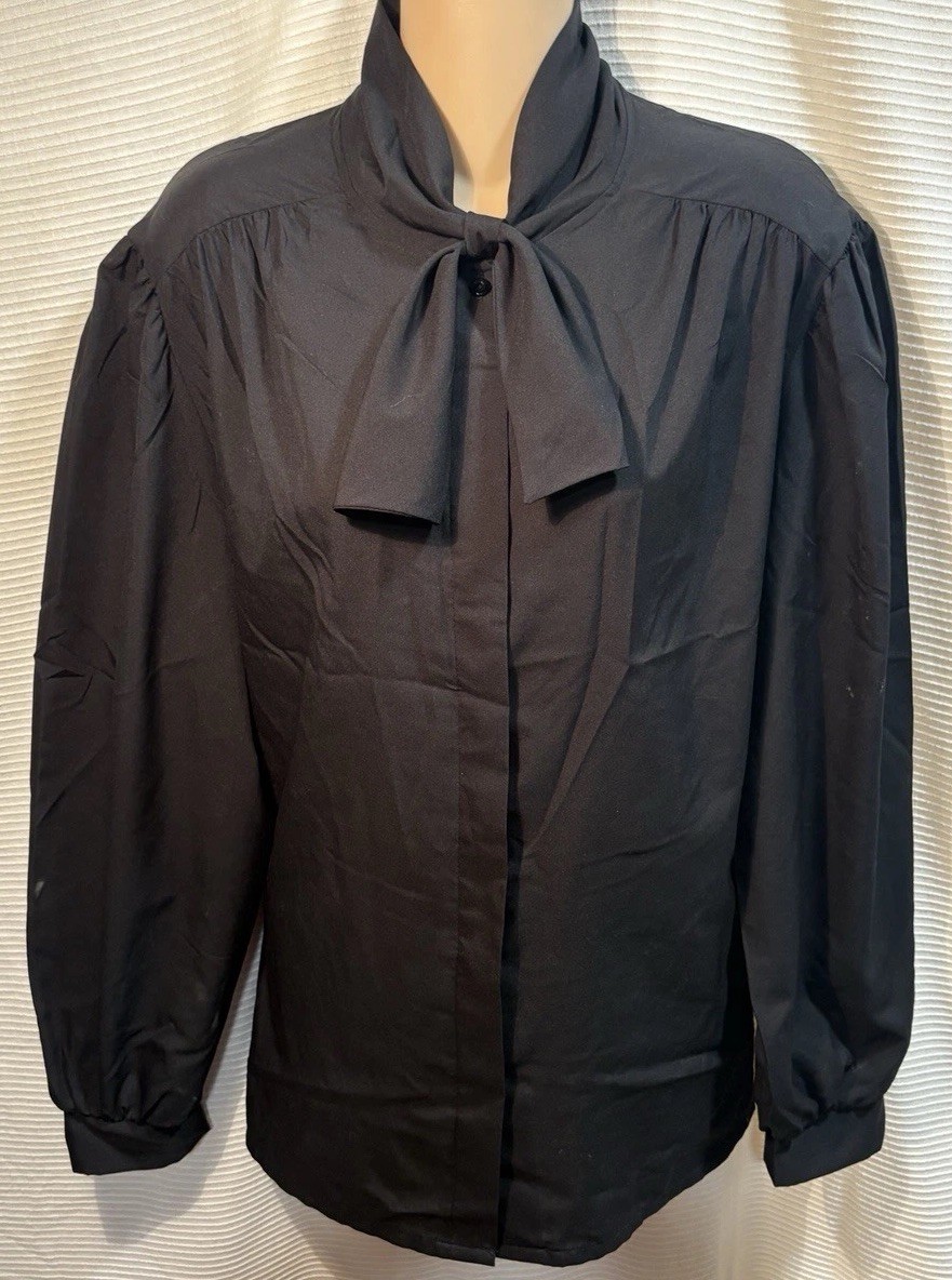 Vintage 70s Judy Ms Bond Black Polyester Bow At Neck Blouse Shirt Top 42/8