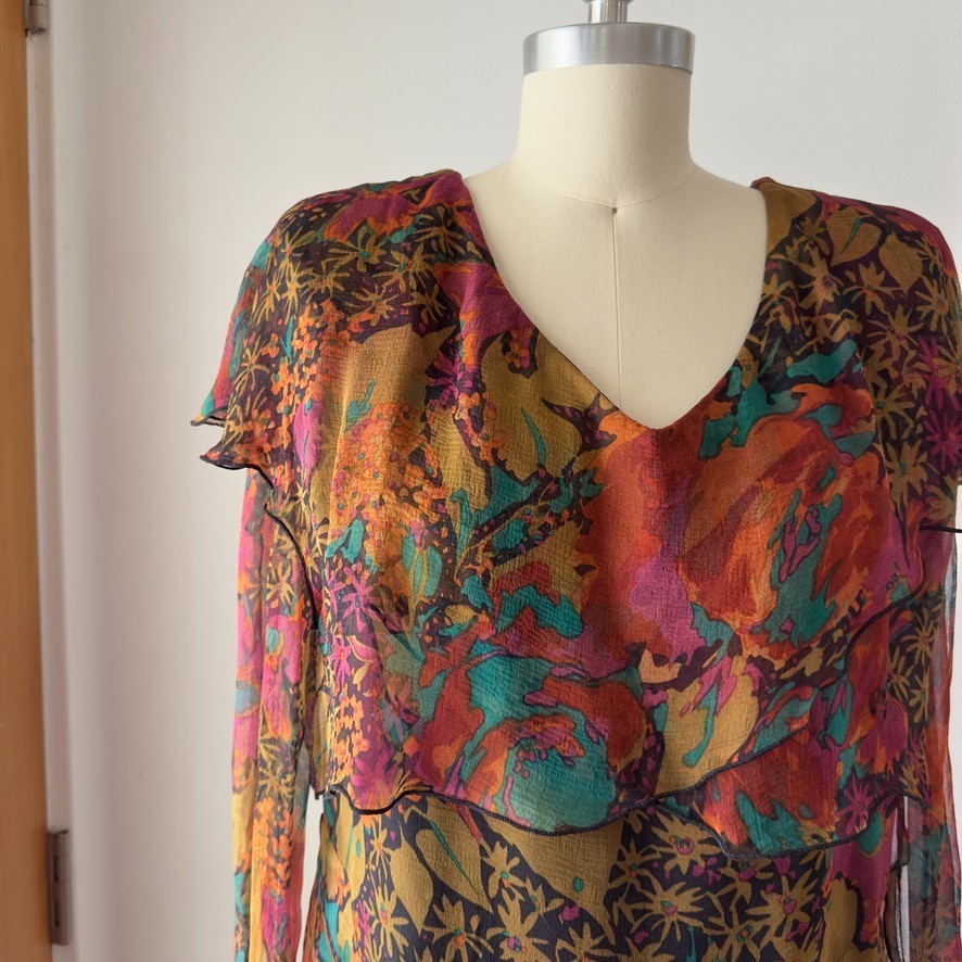 VTG Holly Harp 100% Silk Chiffon Tiered Ruffle Long Sleeve Floral Dress-Size Med