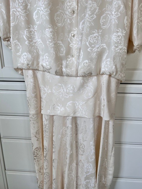 Jack Mulqueen Vtg 80’s Evening Dress Sz 8 Ivory Floral Jaquard Silk Drop Waist