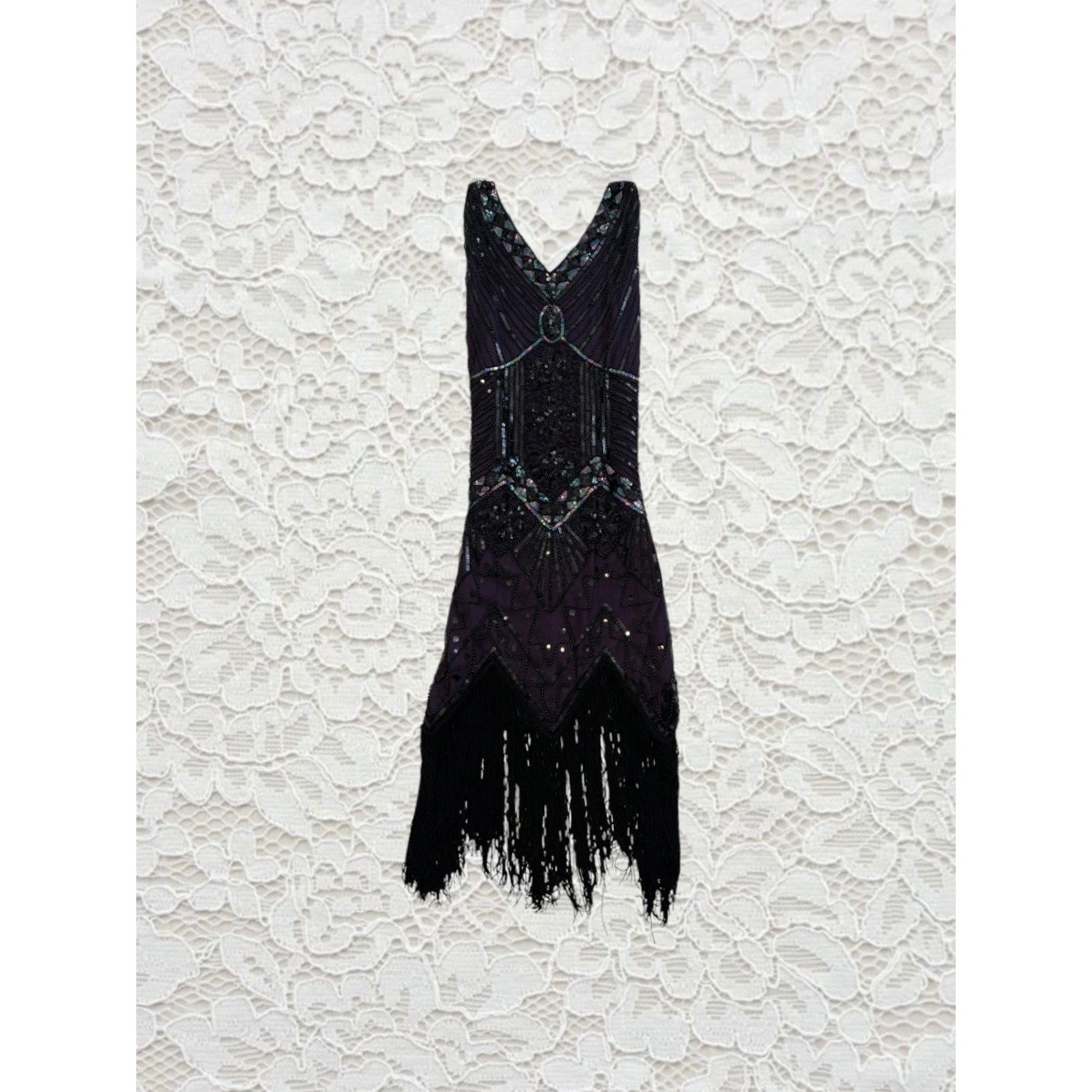 vintage purple & black beaded drop waist flapper midi dress with fringe