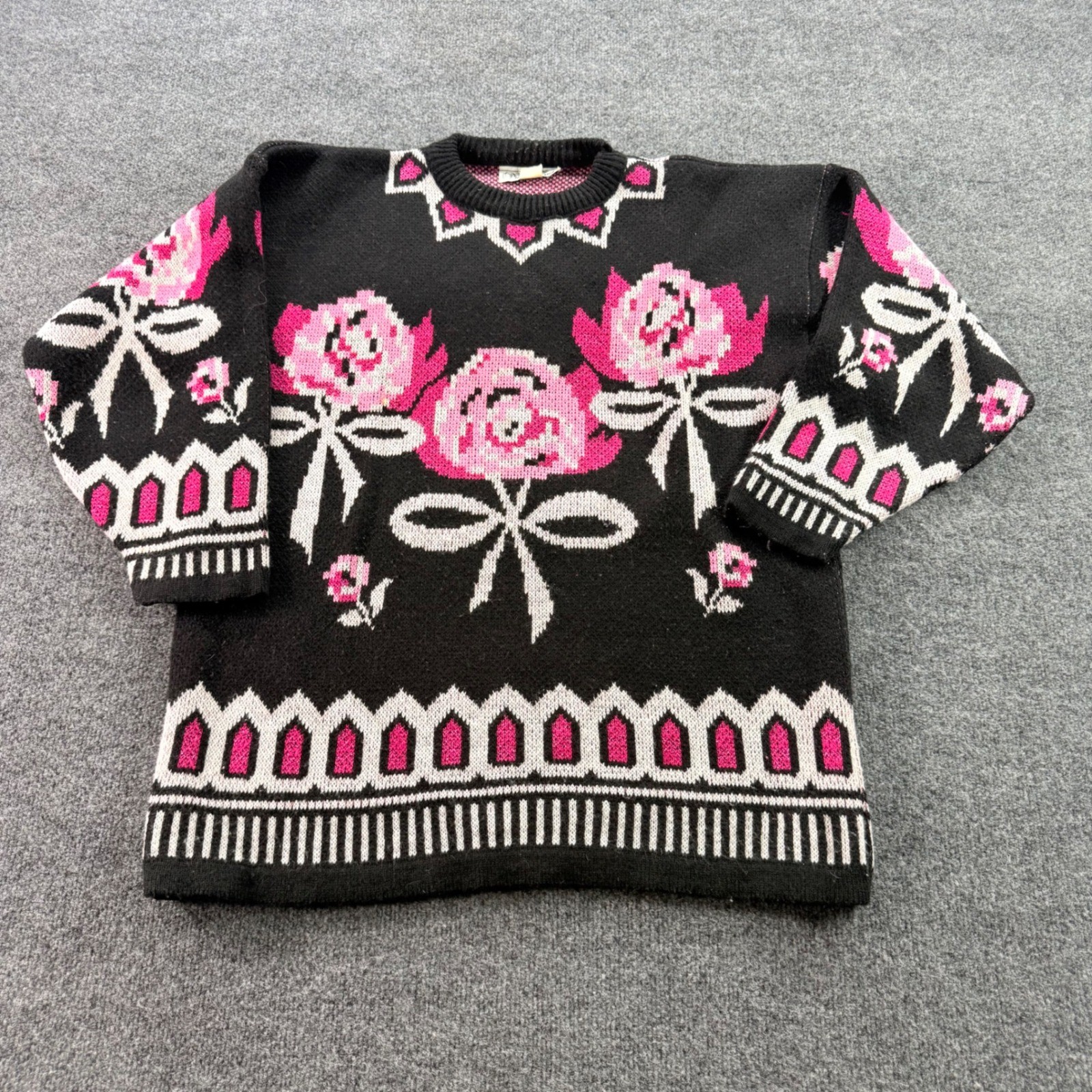 Precious Knits Sweater Vintage Floral Rose Bow Pink Black USA Made 42/22W Womens