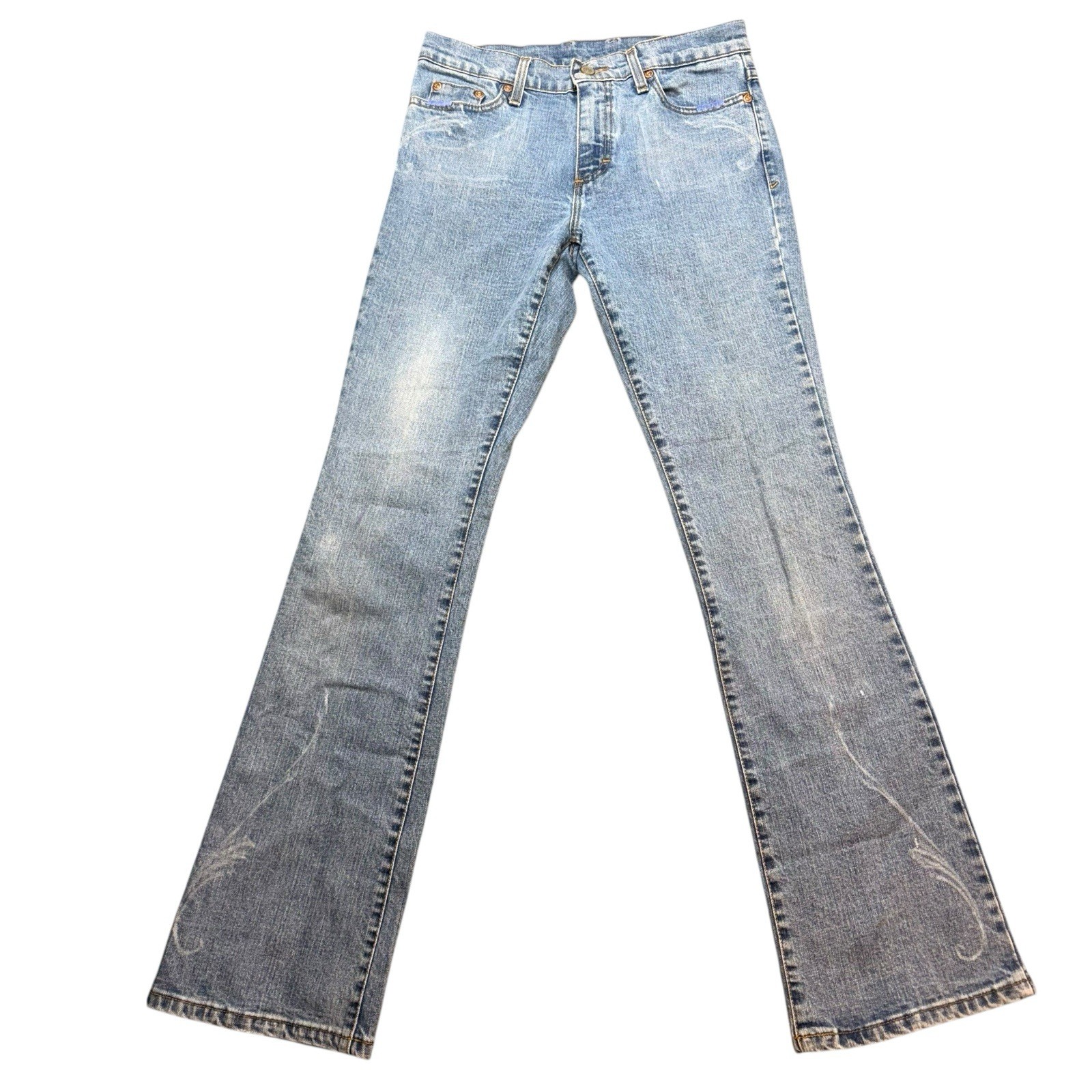 Women’s Light Wash Bootcut Jeans Mid Rise Distressed Denim Blue 30×33