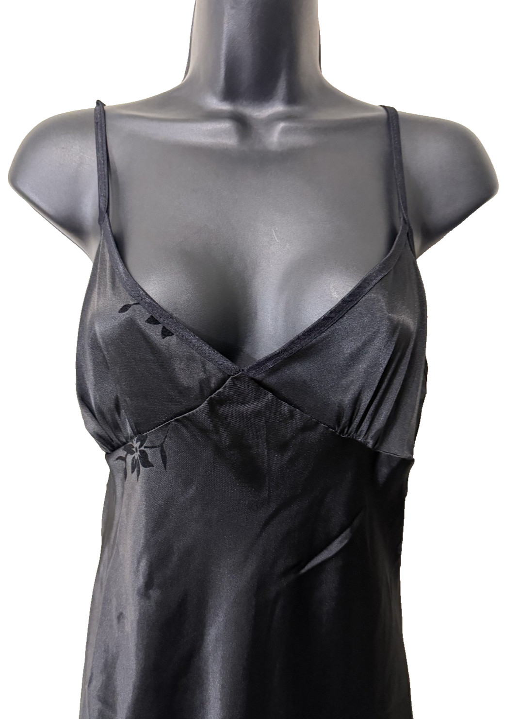 Vintage Y2K 90s Glam Satin Babydoll Slip Midi Dress Whimsigoth Floral Black L