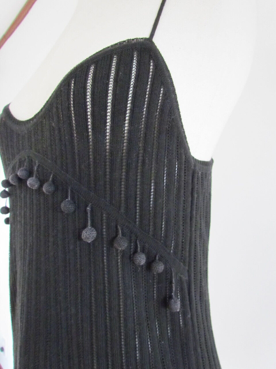 Chloé Black Crochet Top Knit Camisole Pom Pom L Italy Y2K Deadstock