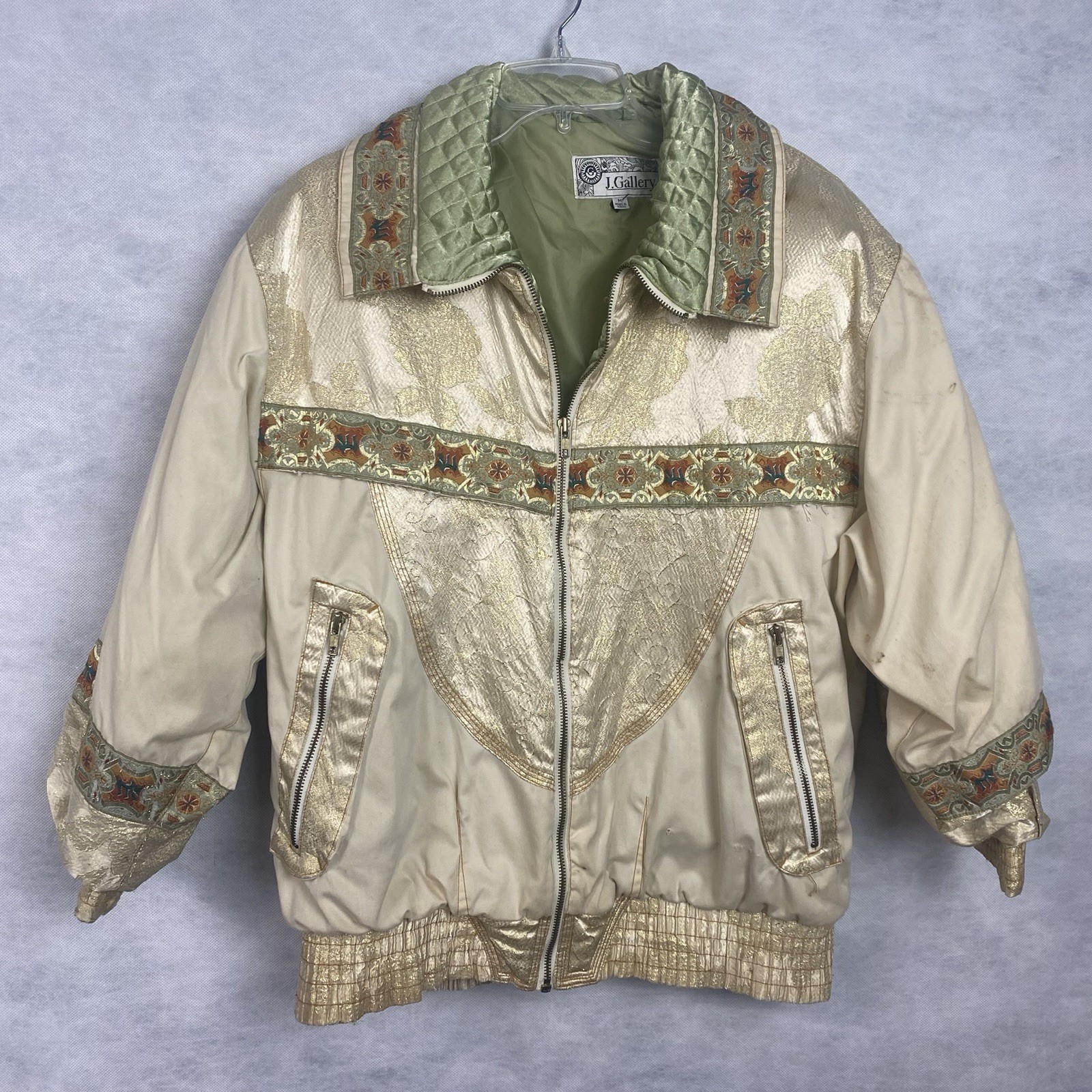 Vtg J. Gallery Puffer Jacket Coat Medium Beige Green Retro Bomber 80s Flaw