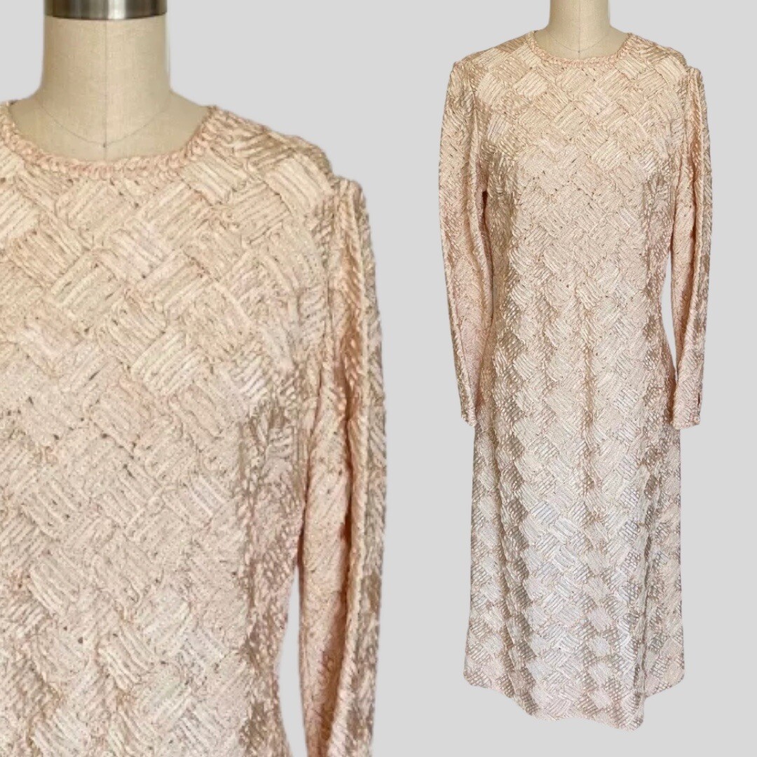 Vintage 60s Caledonia Sheath Dress Tan Nude Champagne Ribbon Wedding Evening