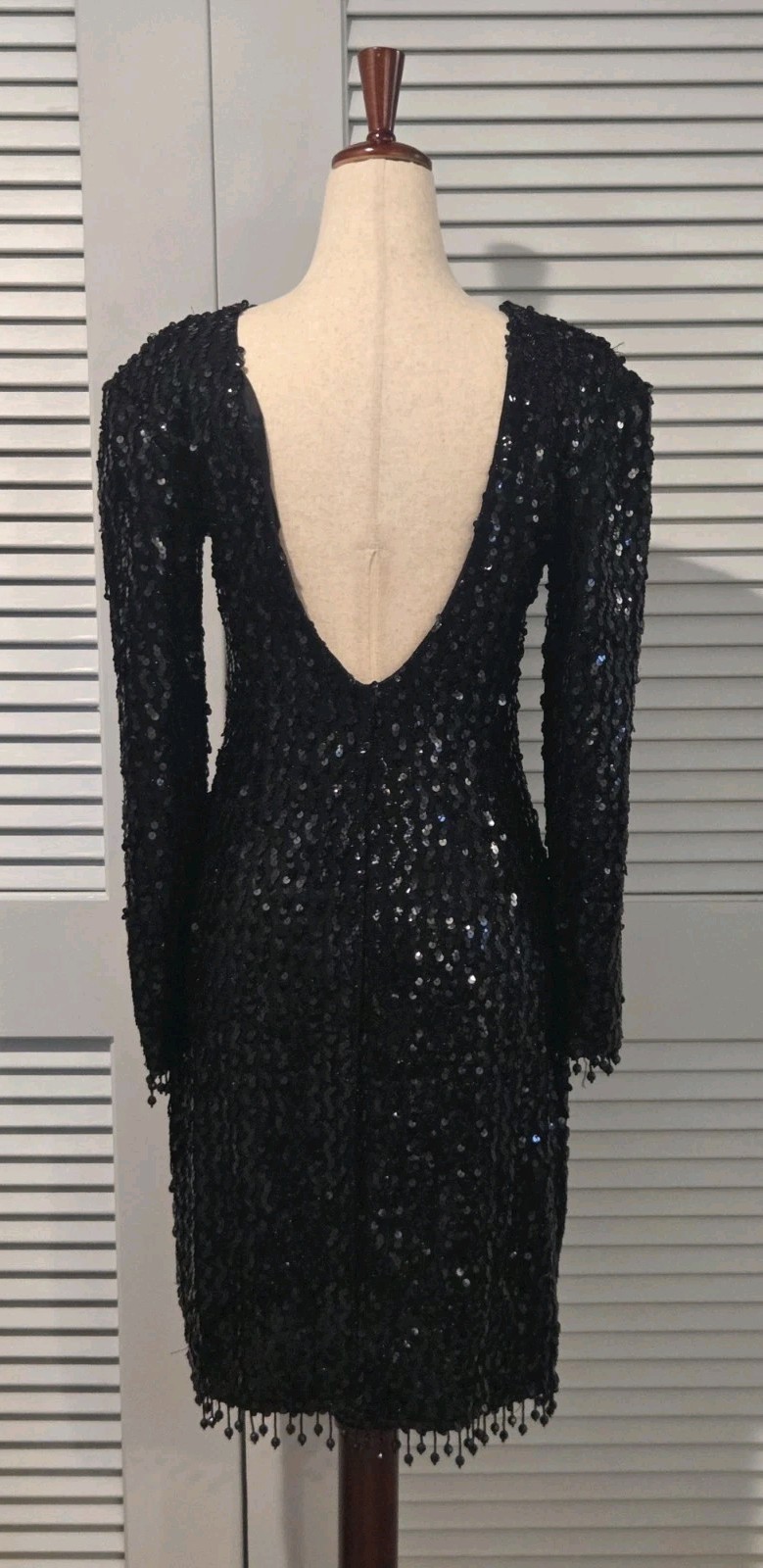 Glenrob Black Sequin Beaded Fringe Hem Long Sleeve Vintage Dress