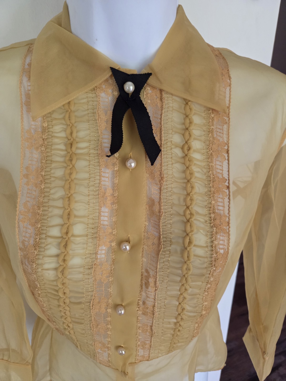 VTG 50’s Sheer Nylon Blouse Gold Ruffle Pleat Lace w/Point Collar Pearl Buttons