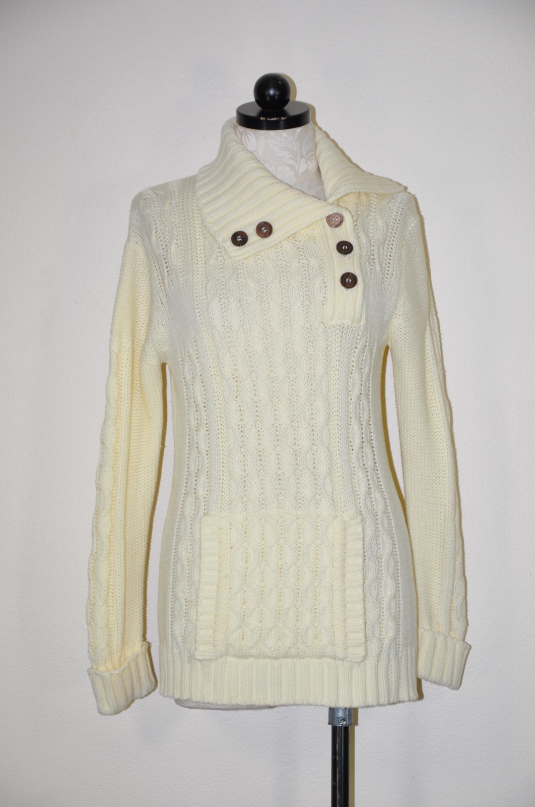 70s Vintage Cream Chunky Cable Knit Buttons Turtleneck Fisherman Sweater Women S
