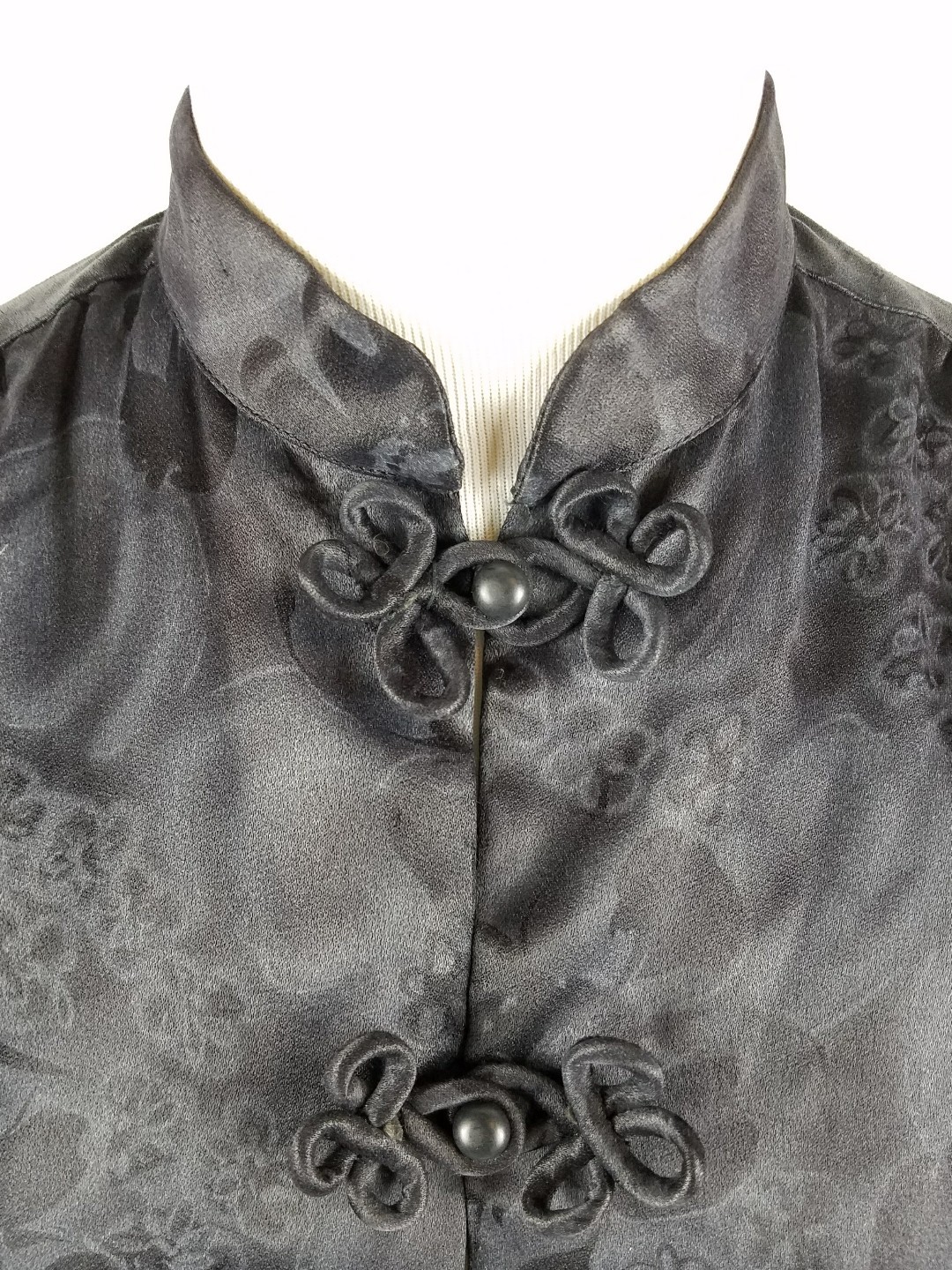 Vintage Alice Stuart Jonathan Logan Shirt Asian Black Satin Floral Frog Clasp