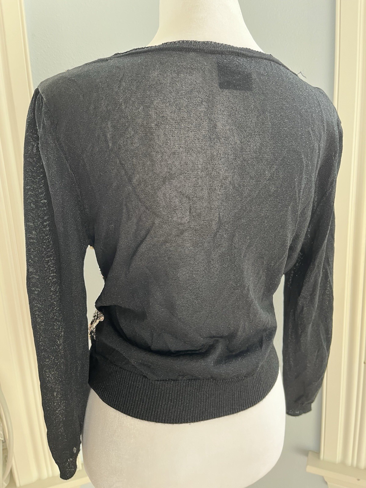 Sequin Beaded Sheer Black Gold Cardigan Sweater Pin-up Evening 80’s XS S Cropped