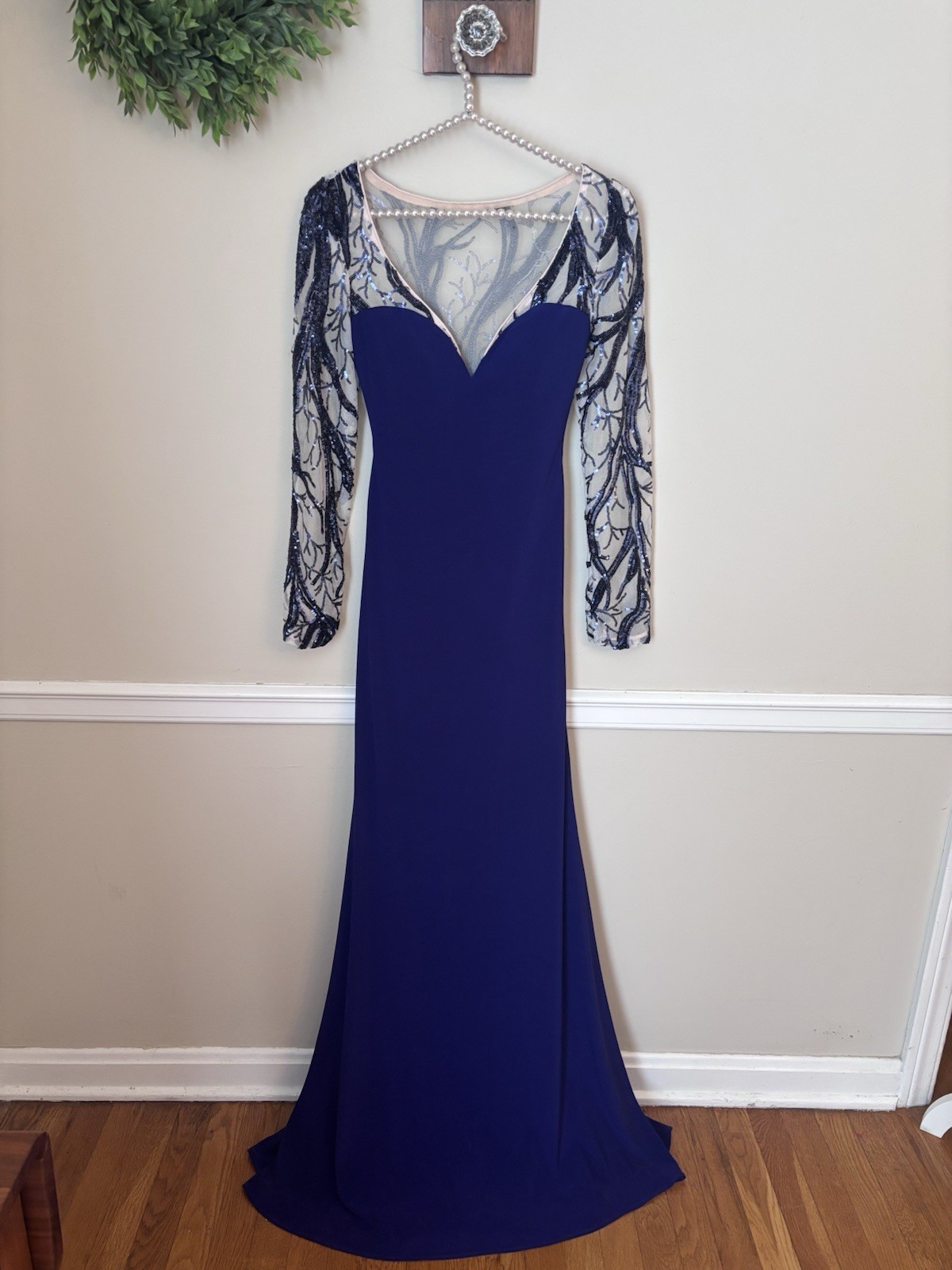 Vintage Riva Designs Size 00 Blue Formal Evening Long Gown Sequins Long Sleeve