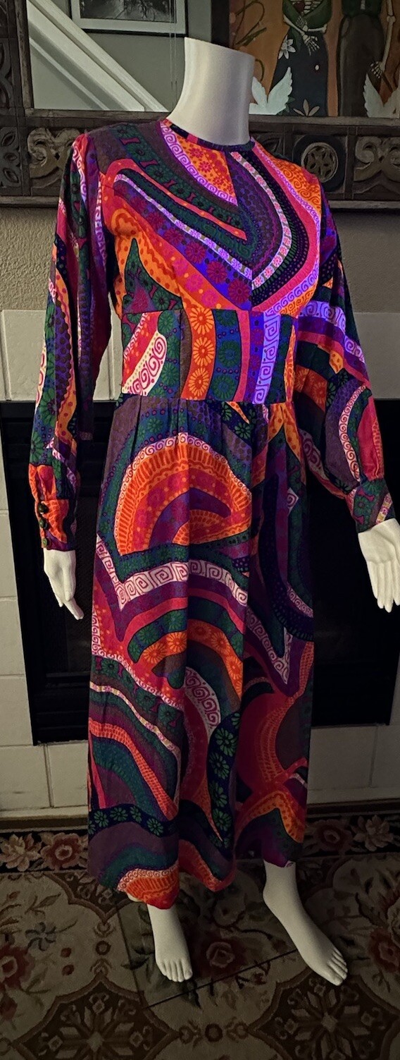 VTG 60’s Mod Hippie Maxi Dress Groovy Psychedelic Pattern Armpit-armpit 17” Sm