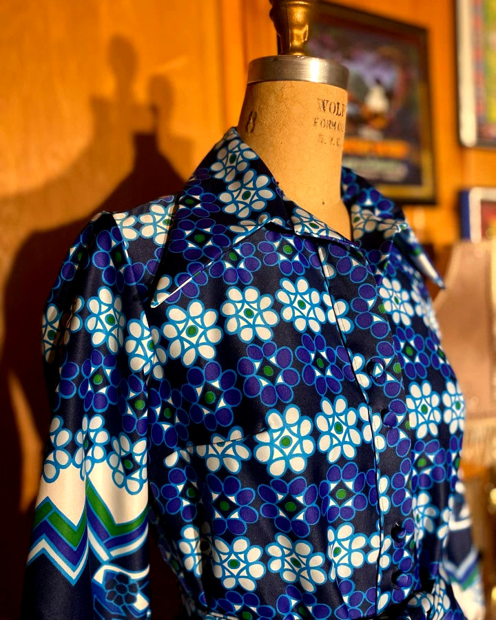 1960’s Blue LANVIN Shirt Dress With Matching Belt (Size 8) Psychedelic