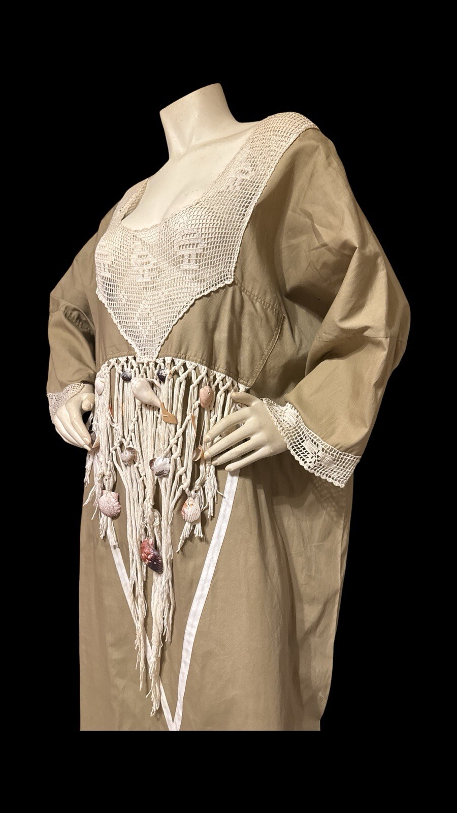 Vintage 80 Crochet Ribbon Dress Opus 1 Khaki Cotton Poplin Macrame & Sea Shells