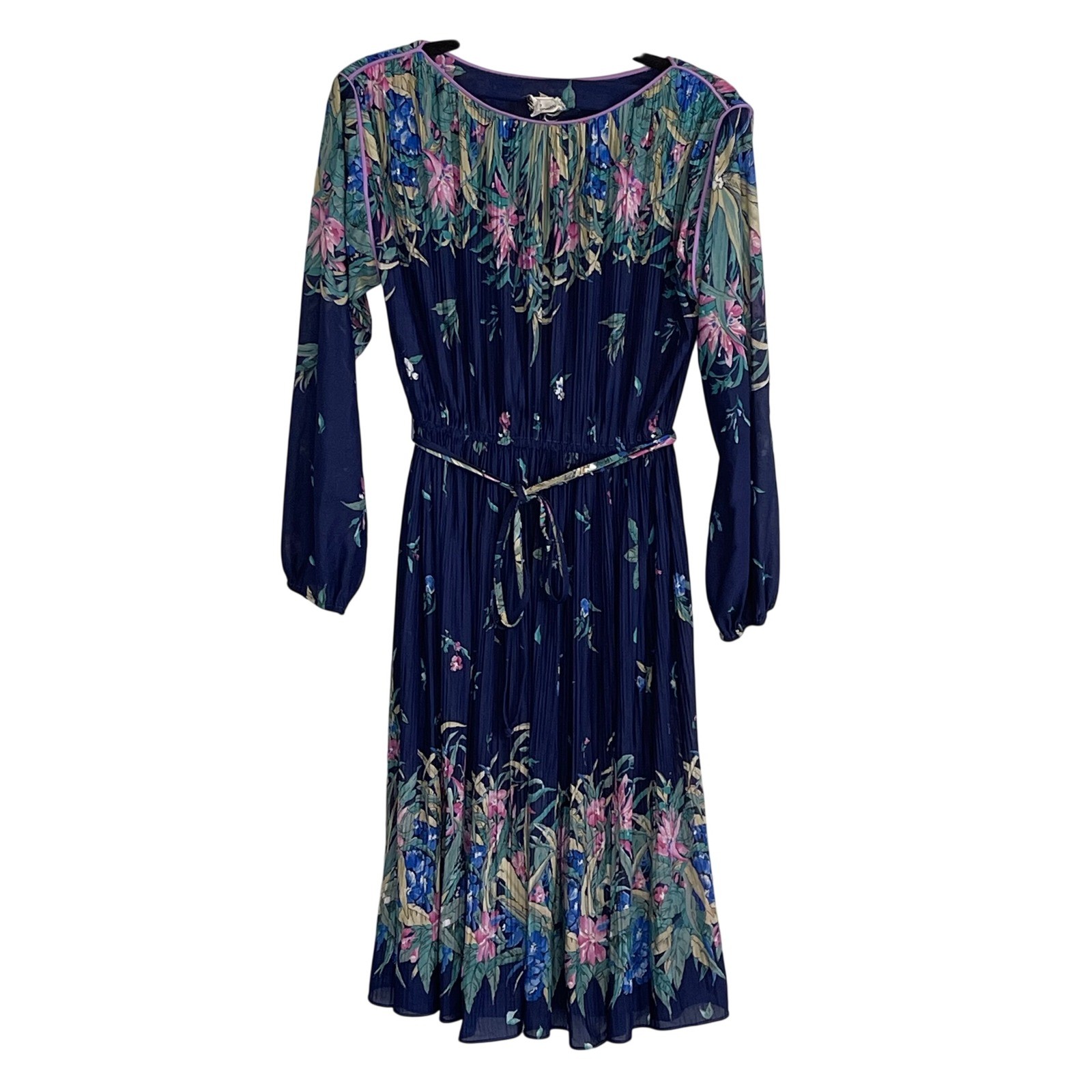 Vintage Hal Ferman 70s Garden Floral Pleated Midi Dress Navy ILGWU Union Made