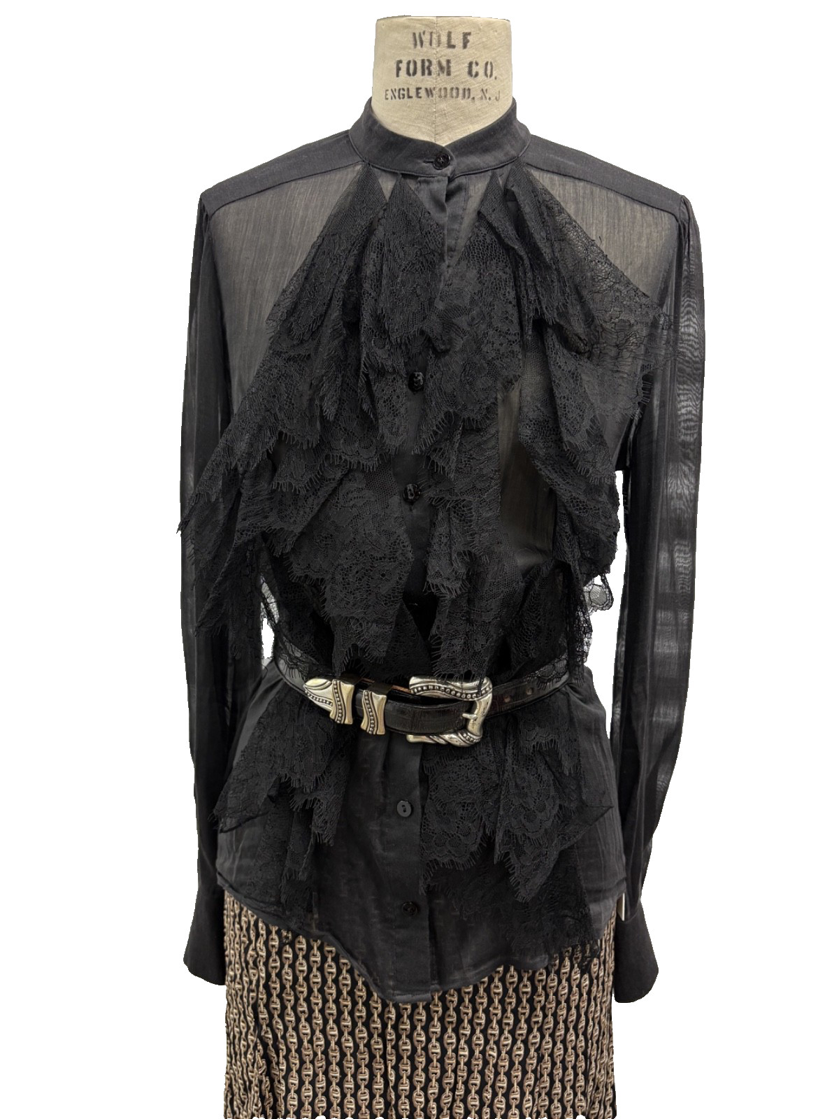 Vintage 90s Plein Sud Sheer Silk Lace Ruffle Blouse Gothic Romantic 40″ Bust